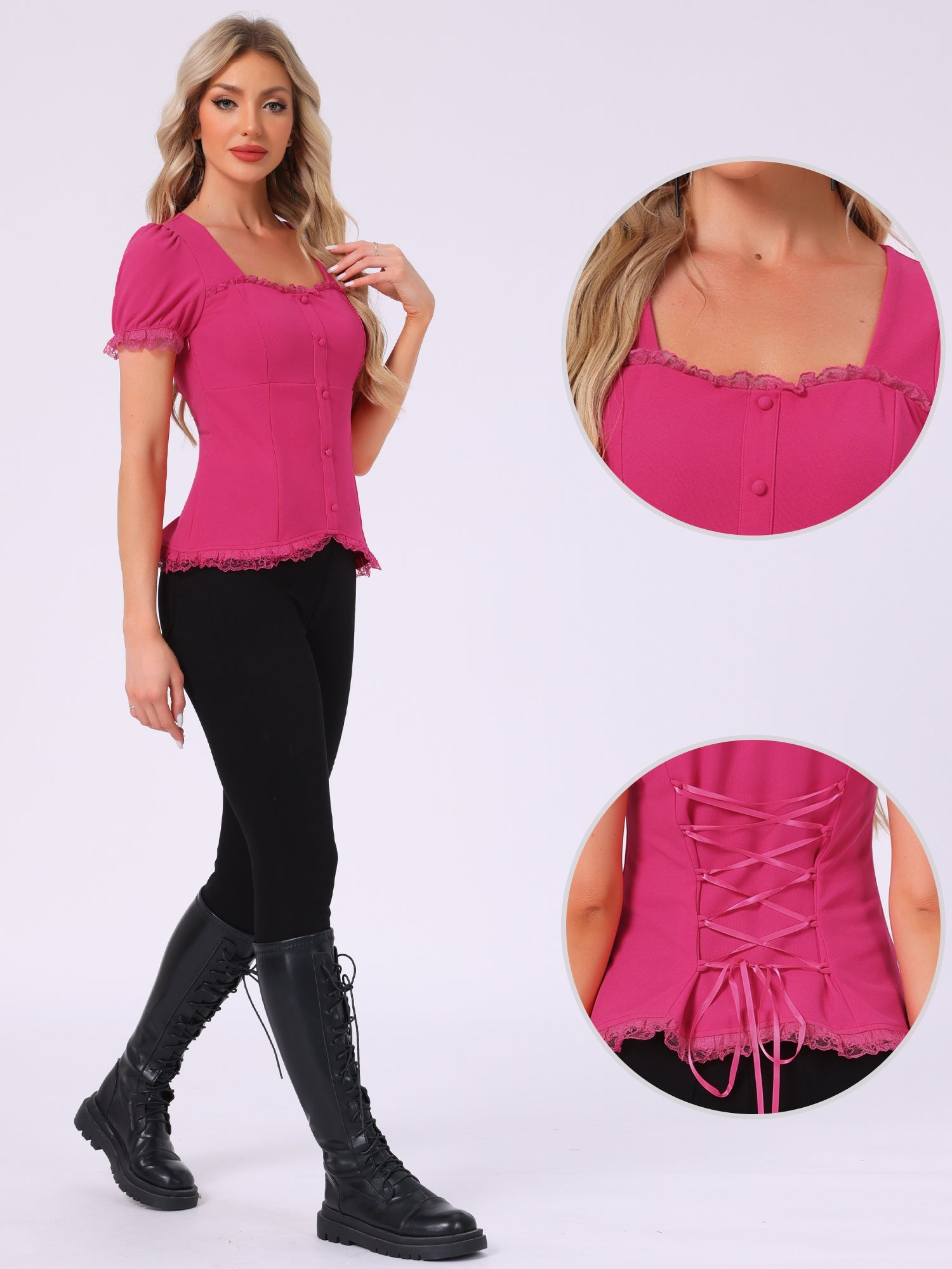 Sweetheart Neck Puff Short Sleeve Lace Up Gothic Blouse