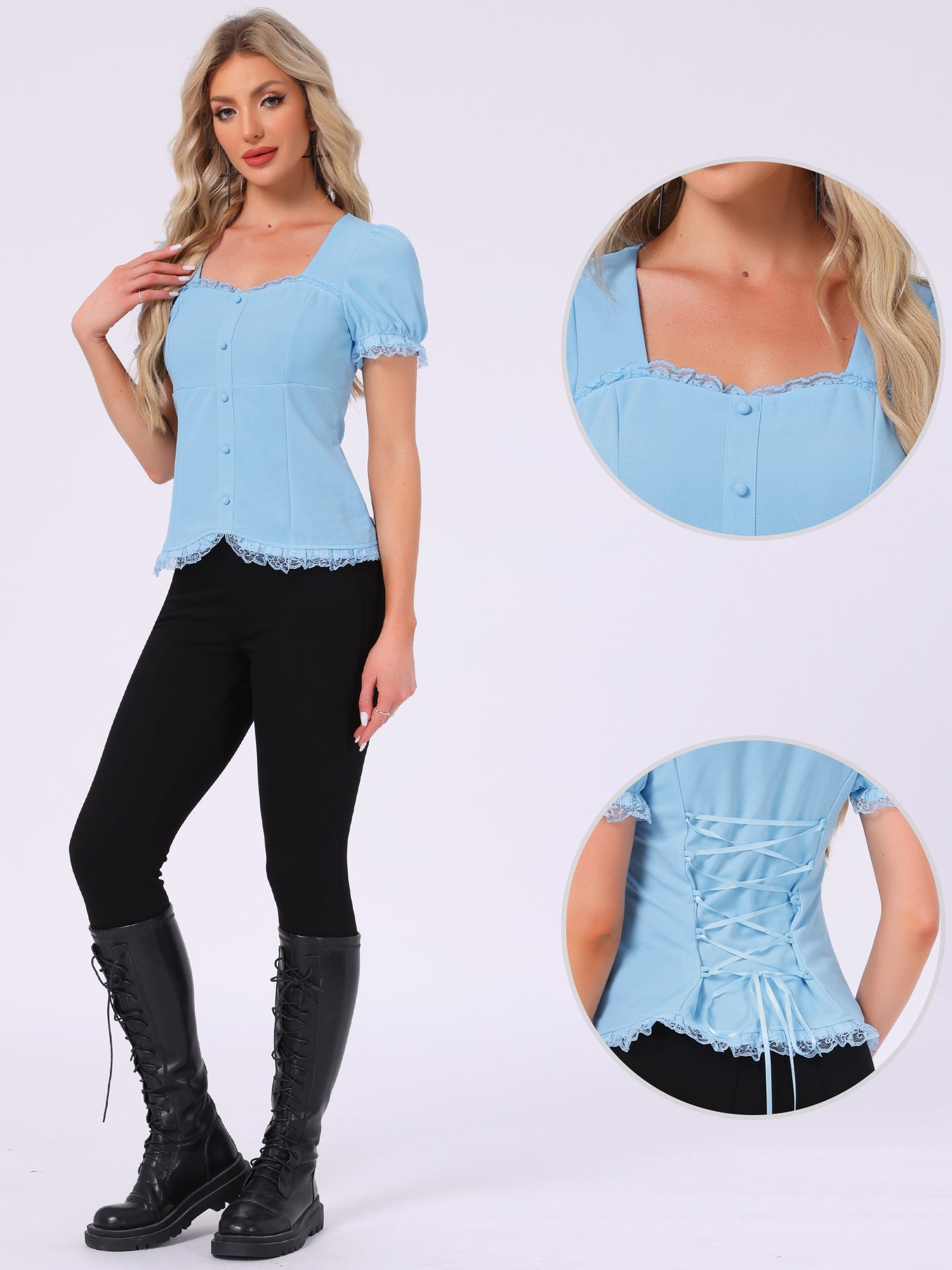 Sweetheart Neck Puff Short Sleeve Lace Up Gothic Blouse