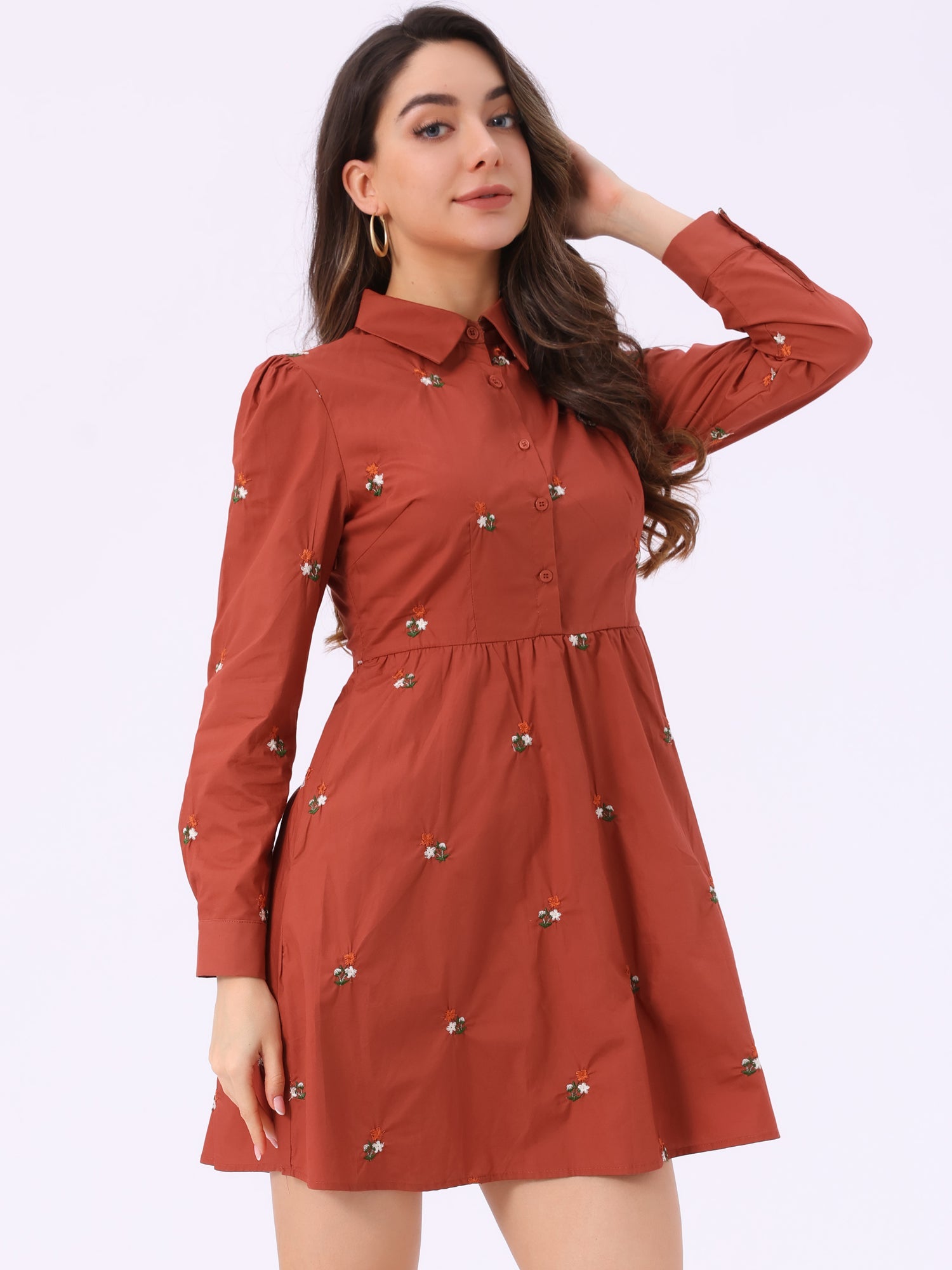 Casual Long Sleeve Half Placket Embroidered Floral Mini Shirt Dress