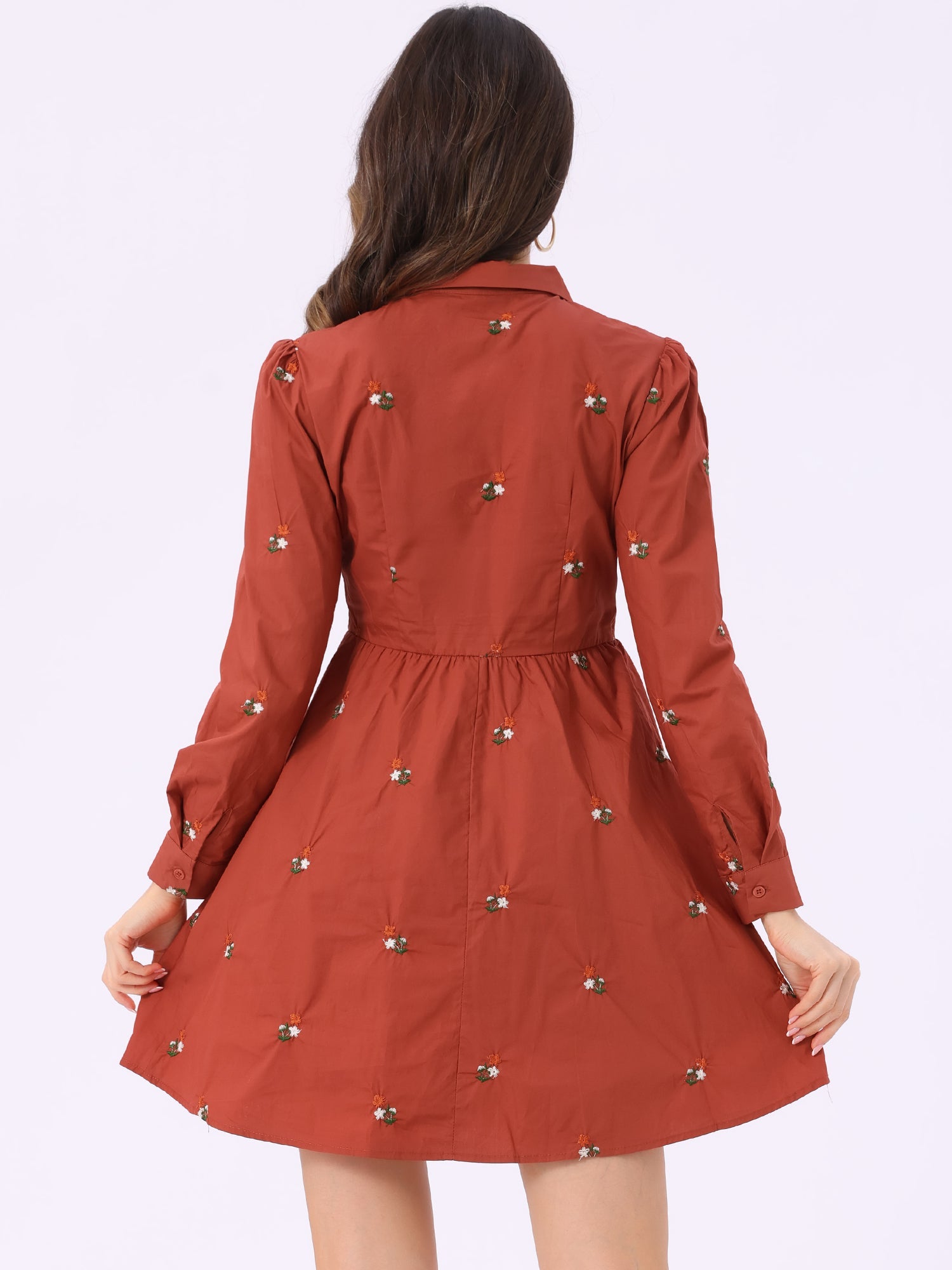 Casual Long Sleeve Half Placket Embroidered Floral Mini Shirt Dress
