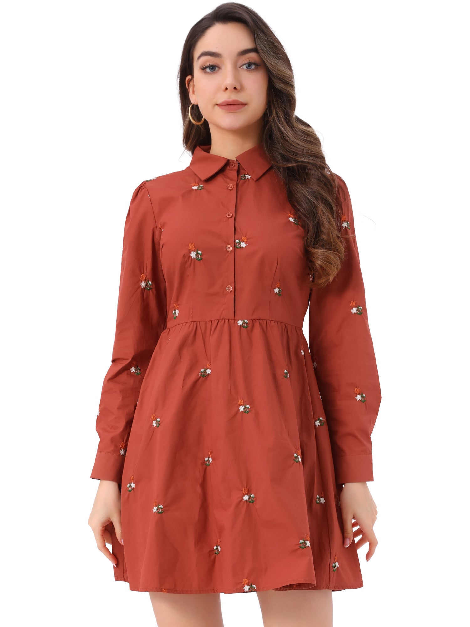 Casual Long Sleeve Half Placket Embroidered Floral Mini Shirt Dress