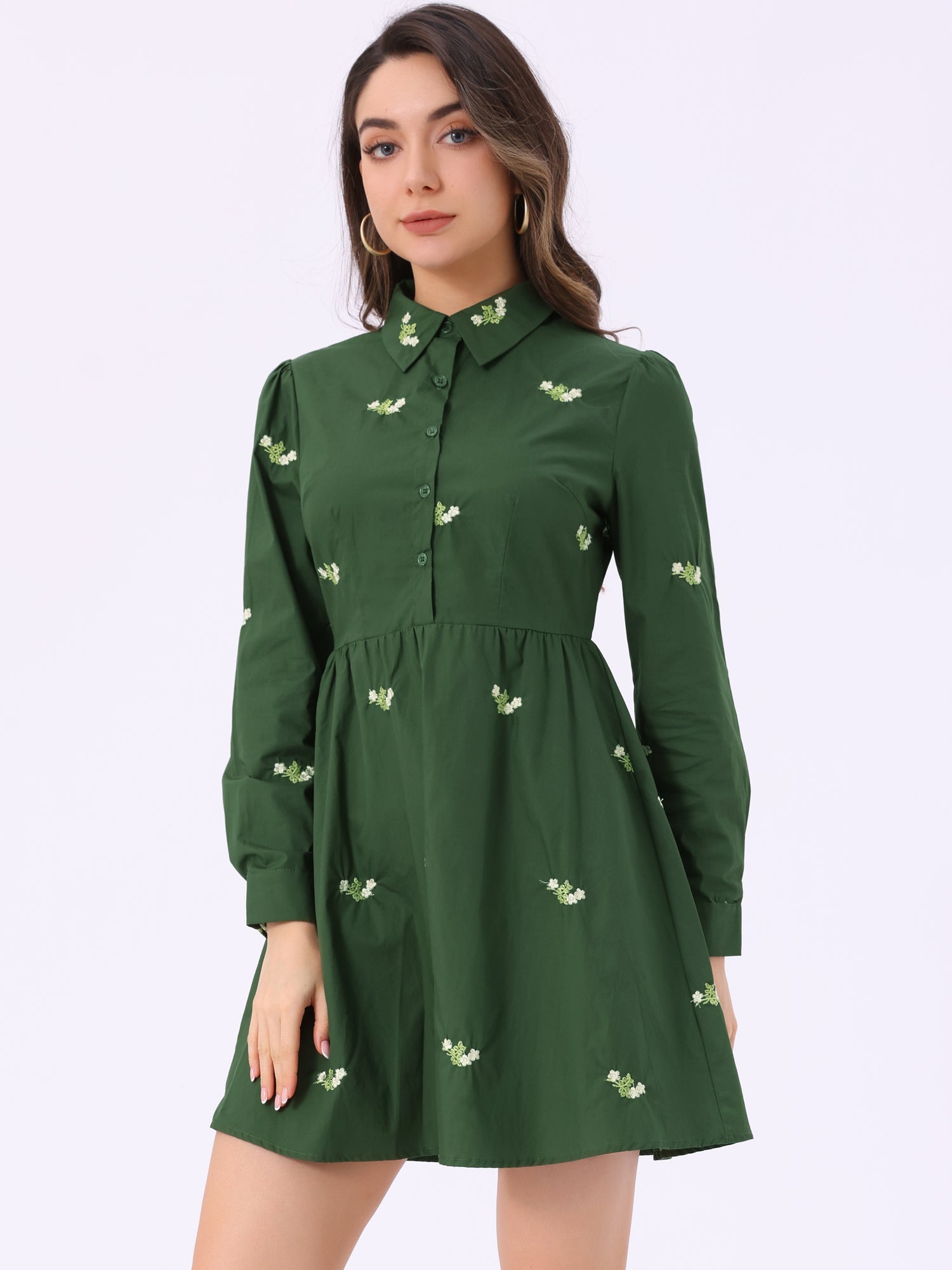 Casual Long Sleeve Half Placket Embroidered Floral Mini Shirt Dress