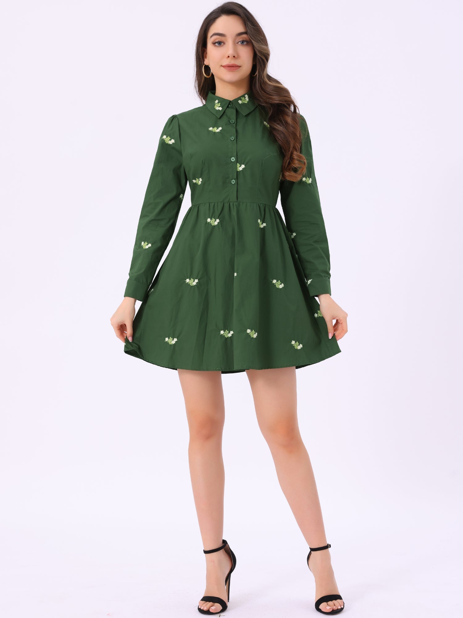 Casual Long Sleeve Half Placket Embroidered Floral Mini Shirt Dress