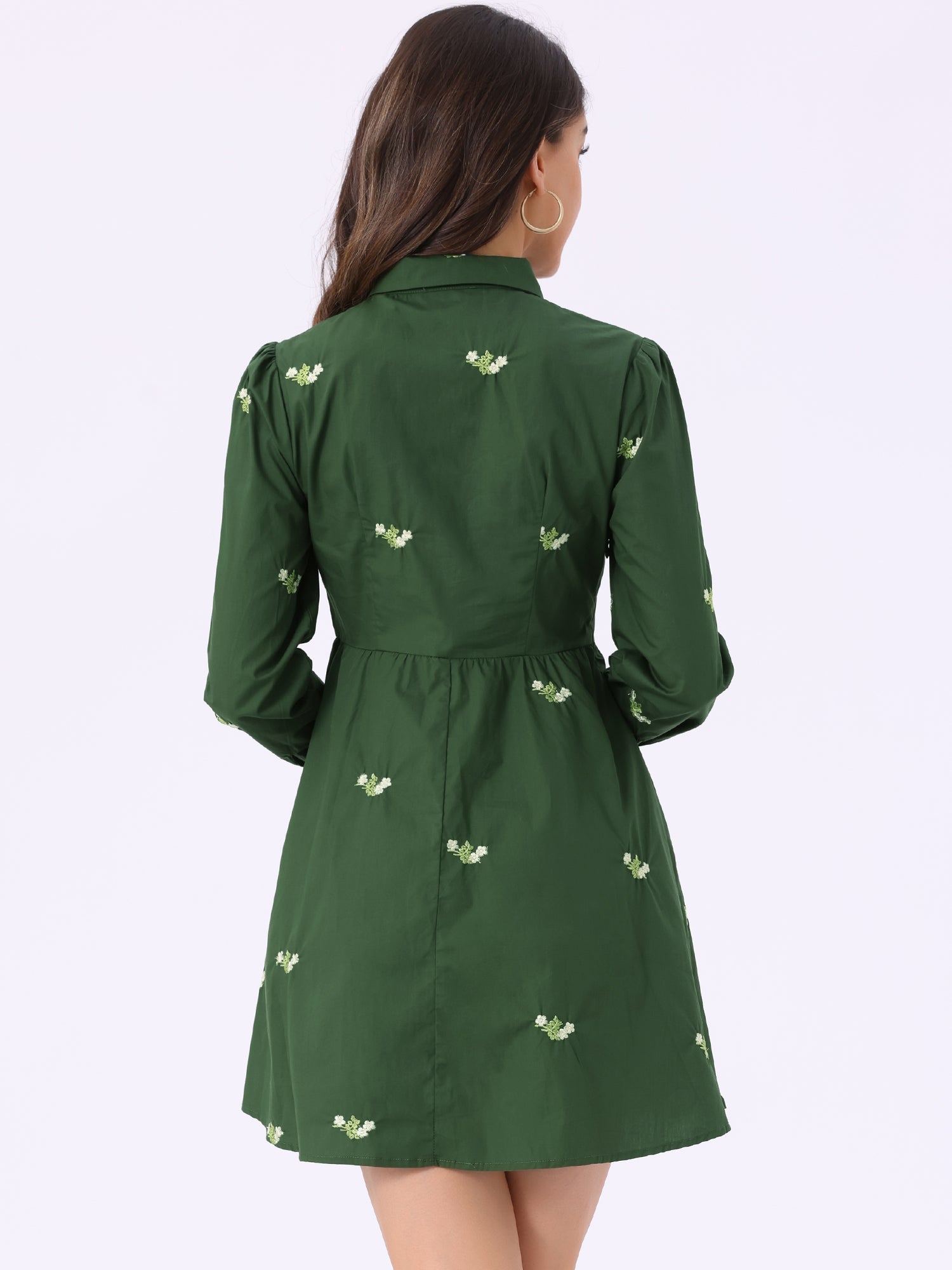 Casual Long Sleeve Half Placket Embroidered Floral Mini Shirt Dress