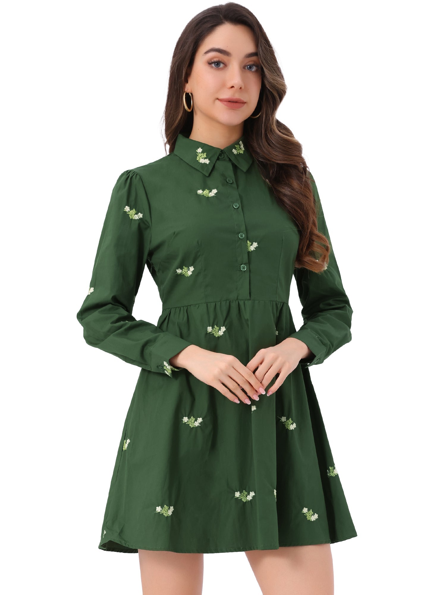Casual Long Sleeve Half Placket Embroidered Floral Mini Shirt Dress