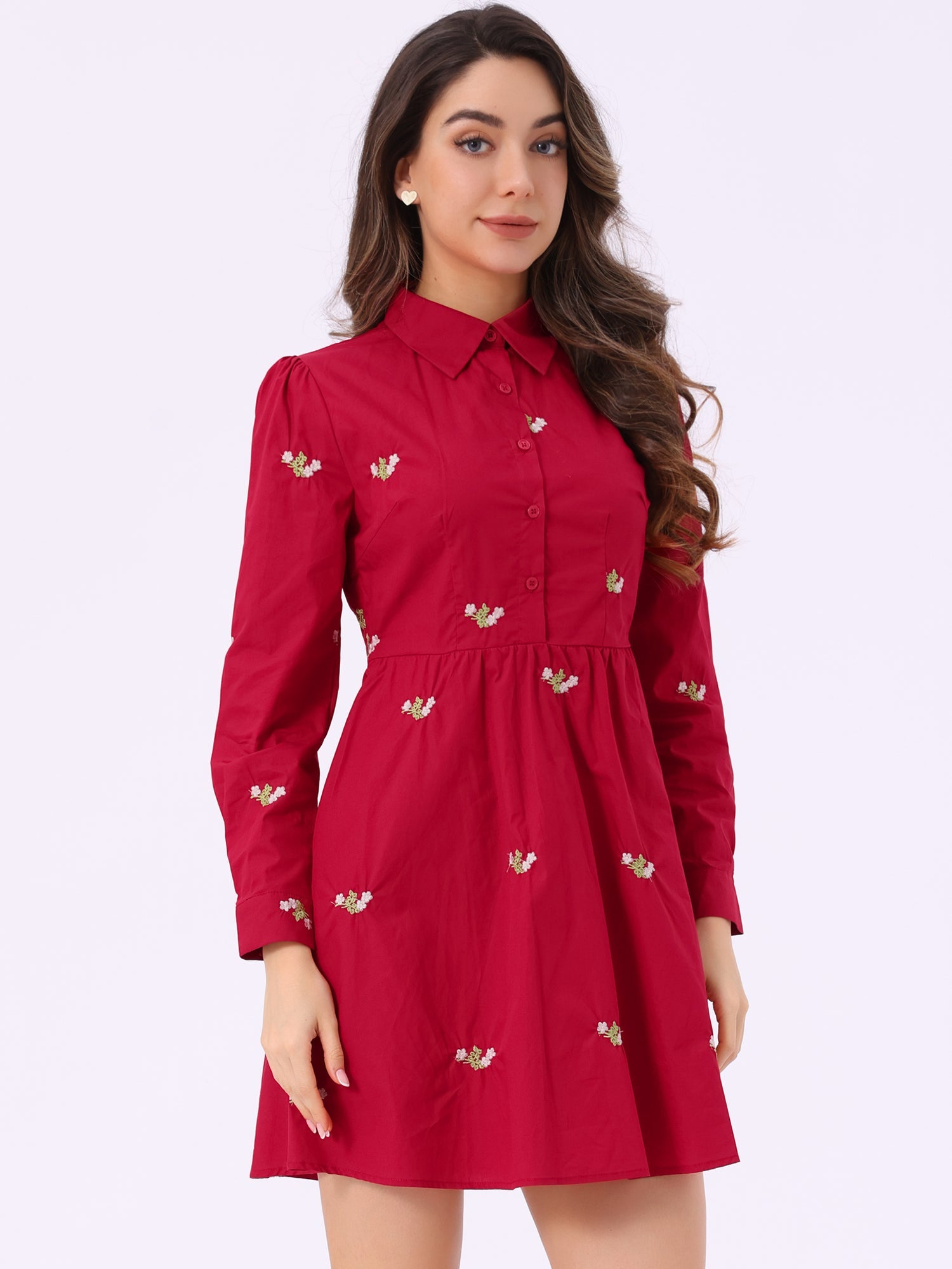 Casual Long Sleeve Half Placket Embroidered Floral Mini Shirt Dress