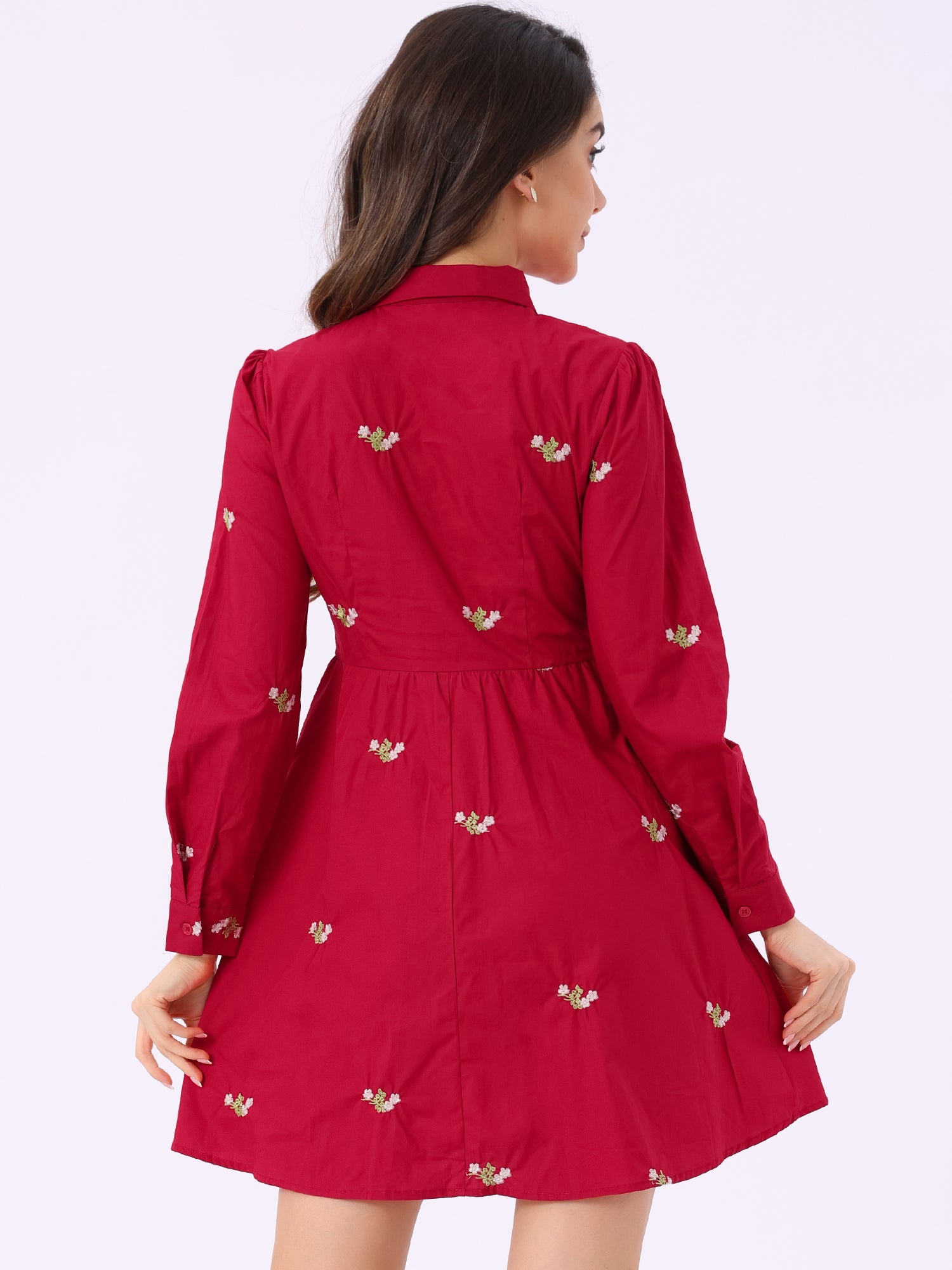 Casual Long Sleeve Half Placket Embroidered Floral Mini Shirt Dress