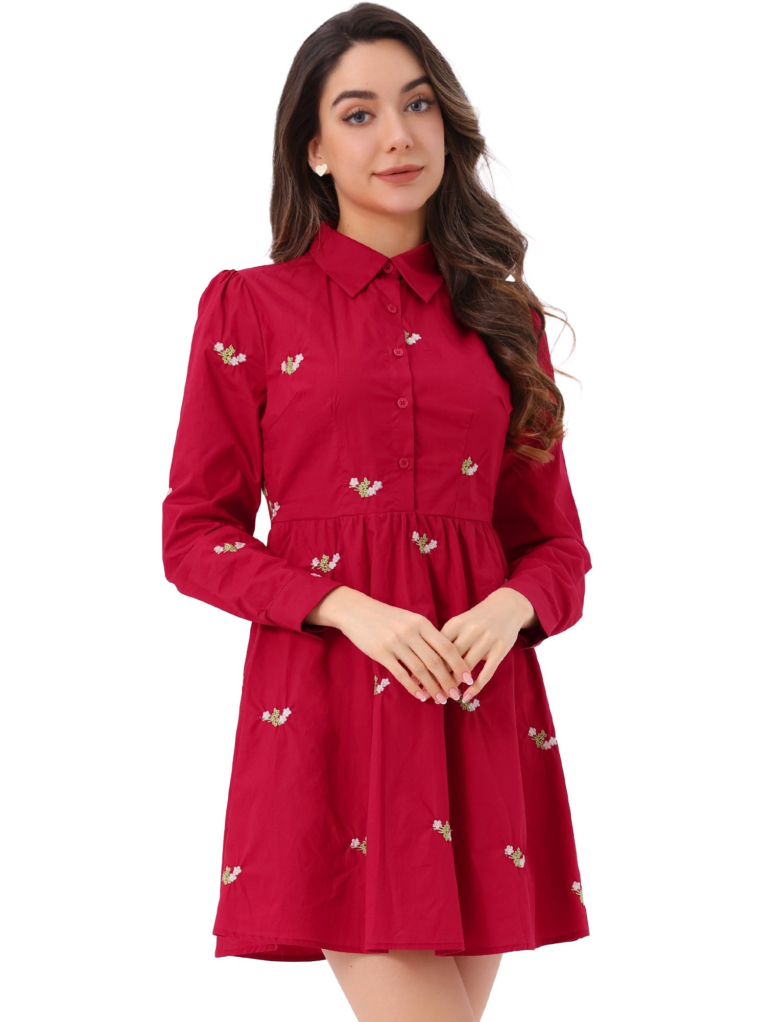 Casual Long Sleeve Half Placket Embroidered Floral Mini Shirt Dress