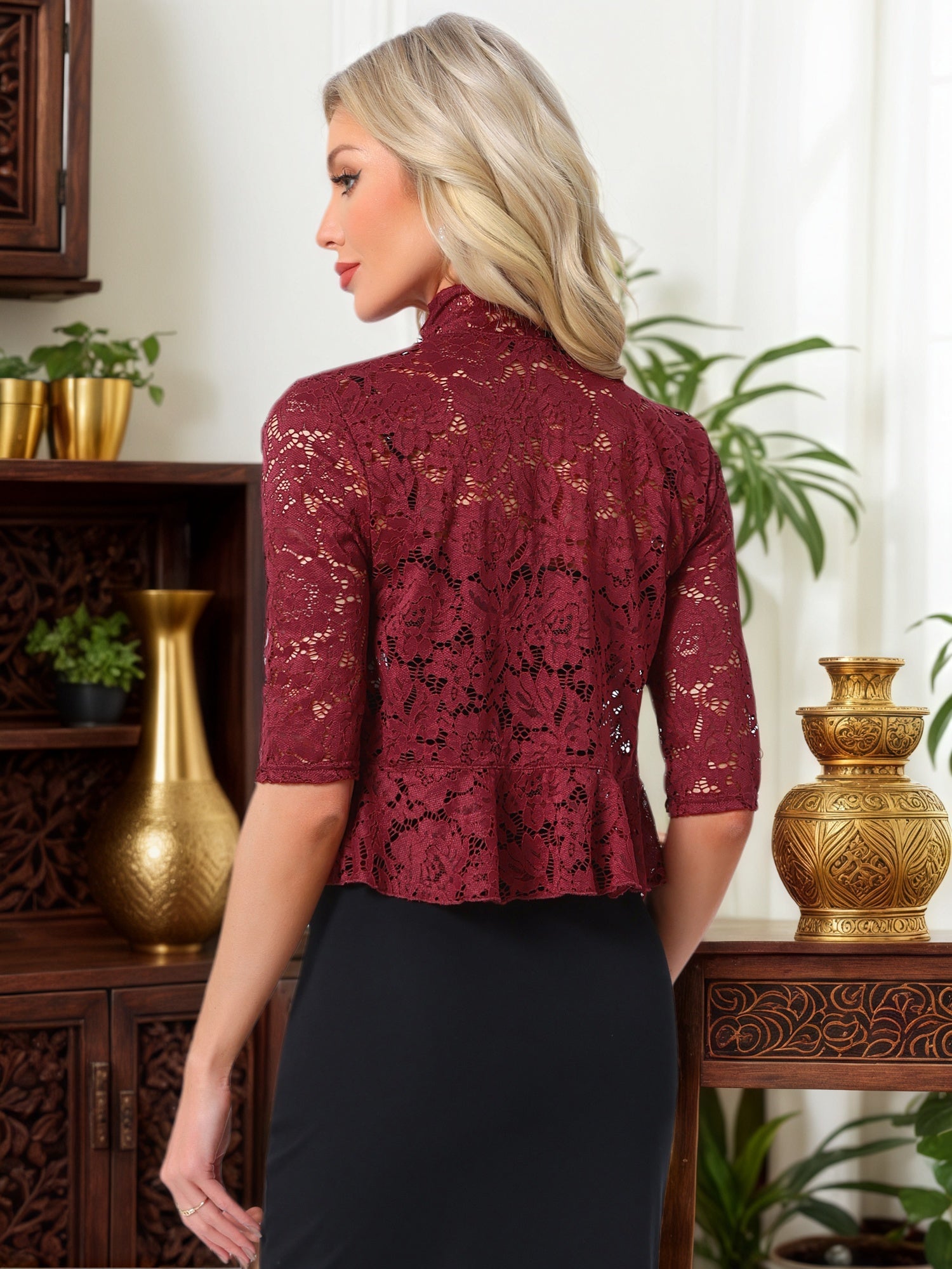 Lace Sheer 3/4 Sleeve Ruffle Hem Open Front Bolero Shrug
