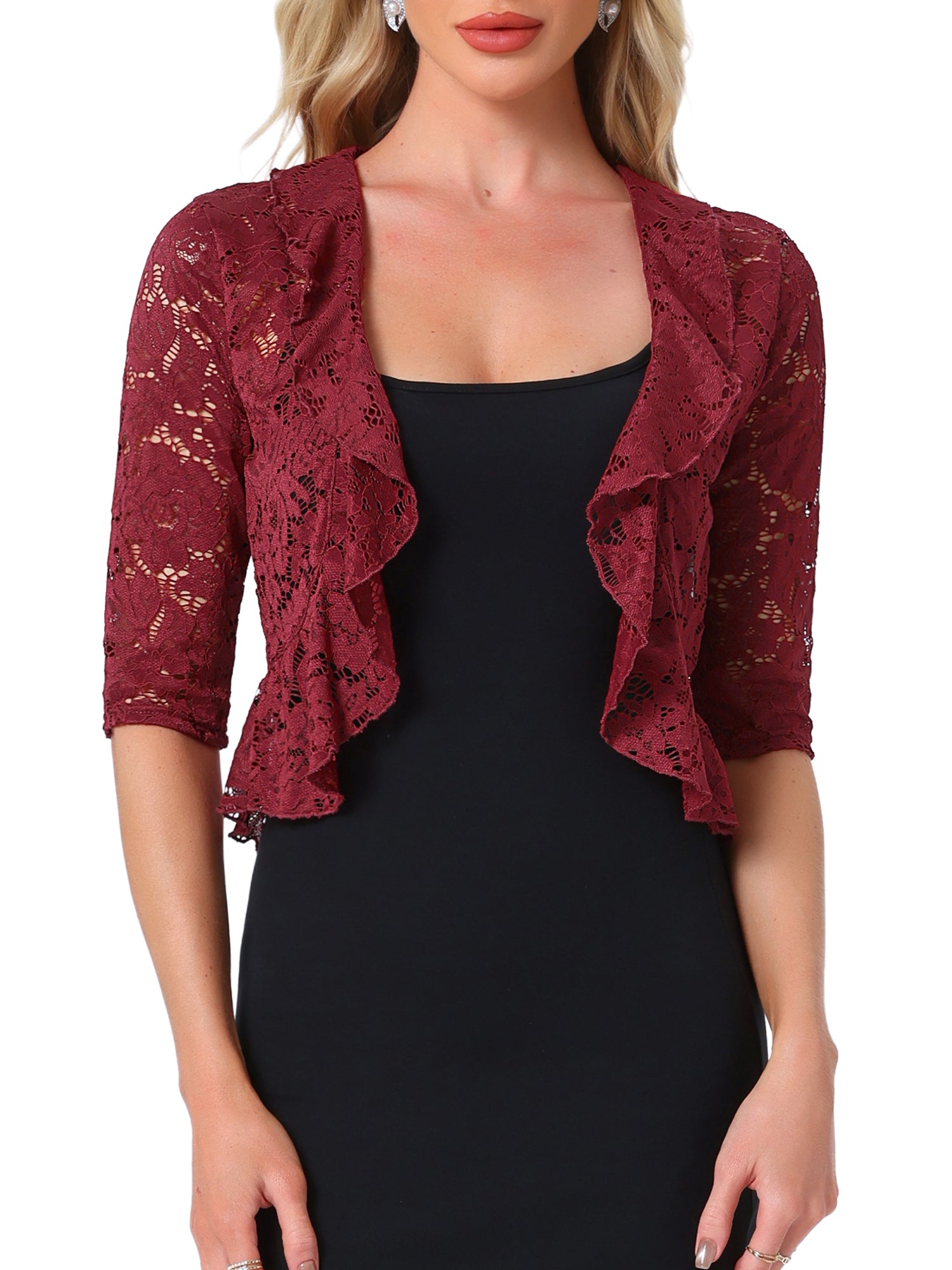 Lace Sheer 3/4 Sleeve Ruffle Hem Open Front Bolero Shrug