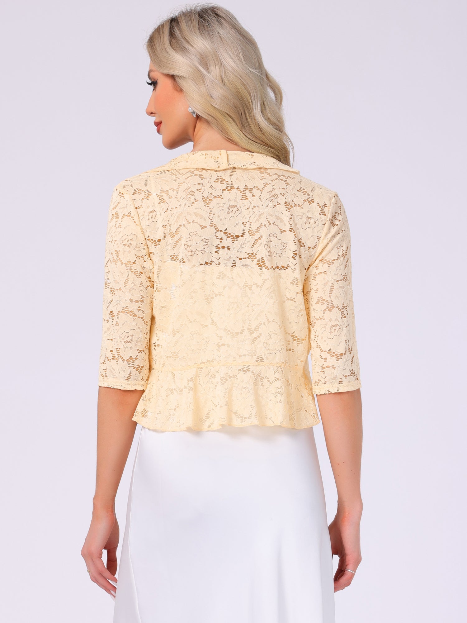 Lace Sheer 3/4 Sleeve Ruffle Hem Open Front Bolero Shrug