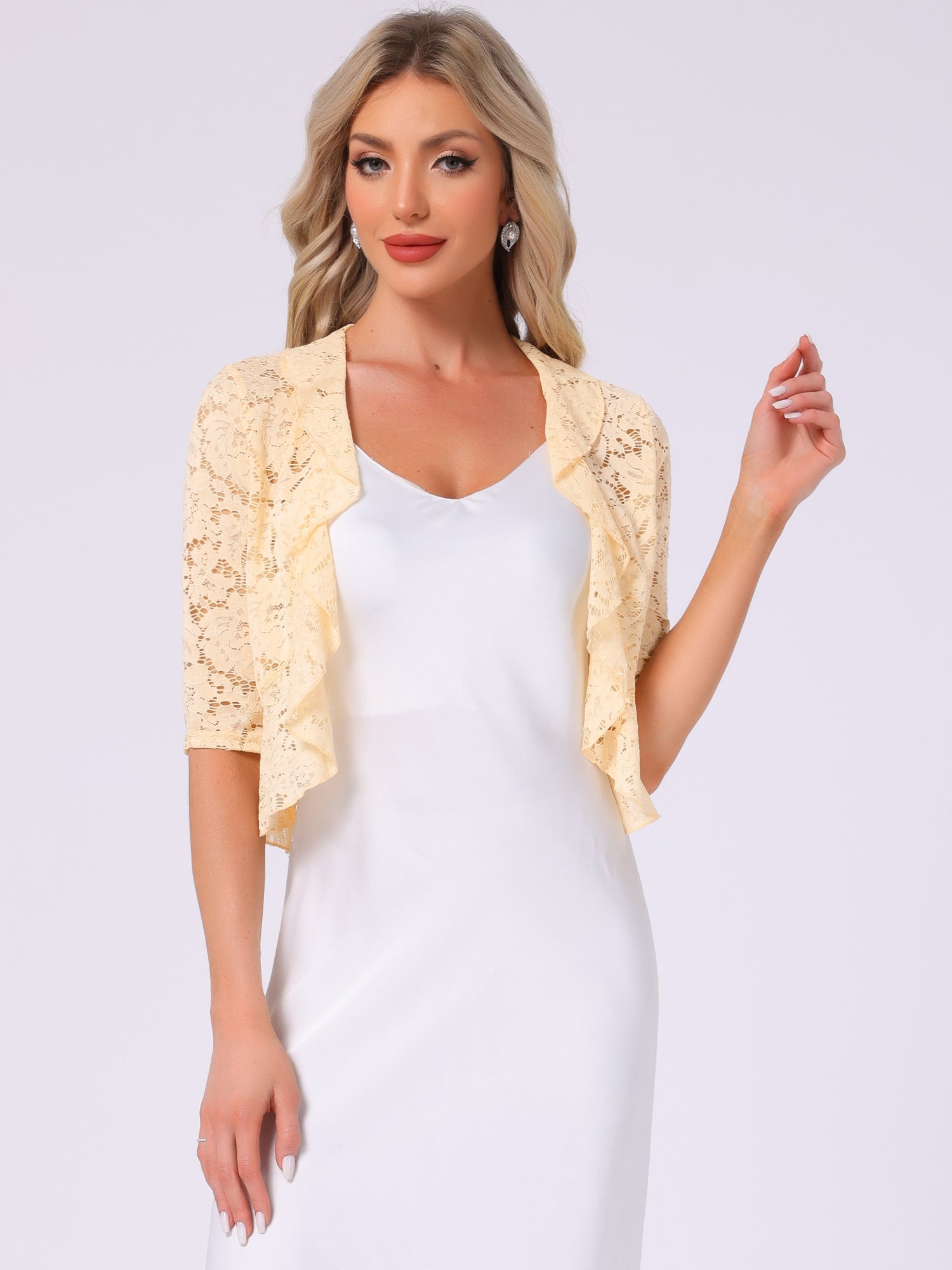 Lace Sheer 3/4 Sleeve Ruffle Hem Open Front Bolero Shrug