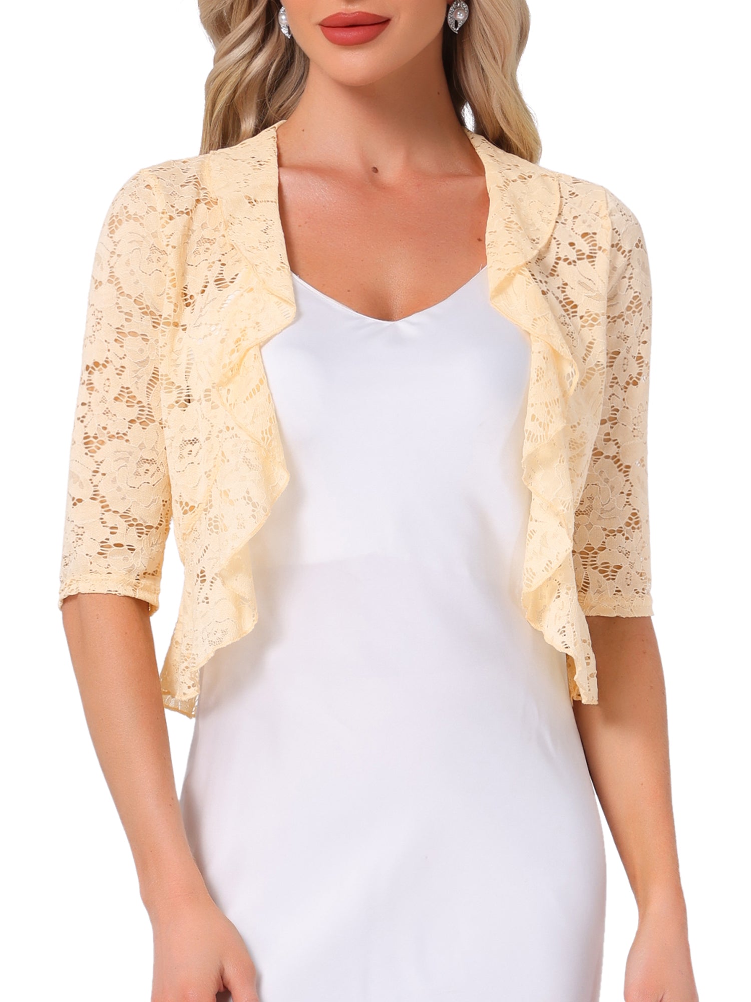 Lace Sheer 3/4 Sleeve Ruffle Hem Open Front Bolero Shrug