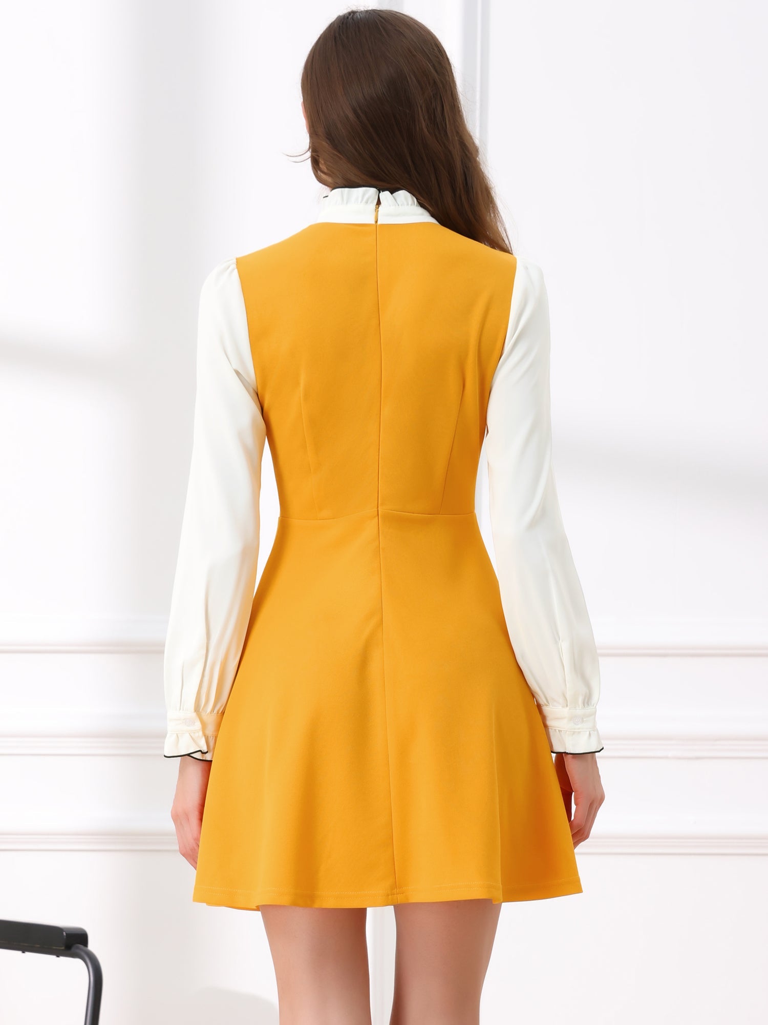 Patchwork Contrast Color Long Sleeve Tie Neck Mini Dress