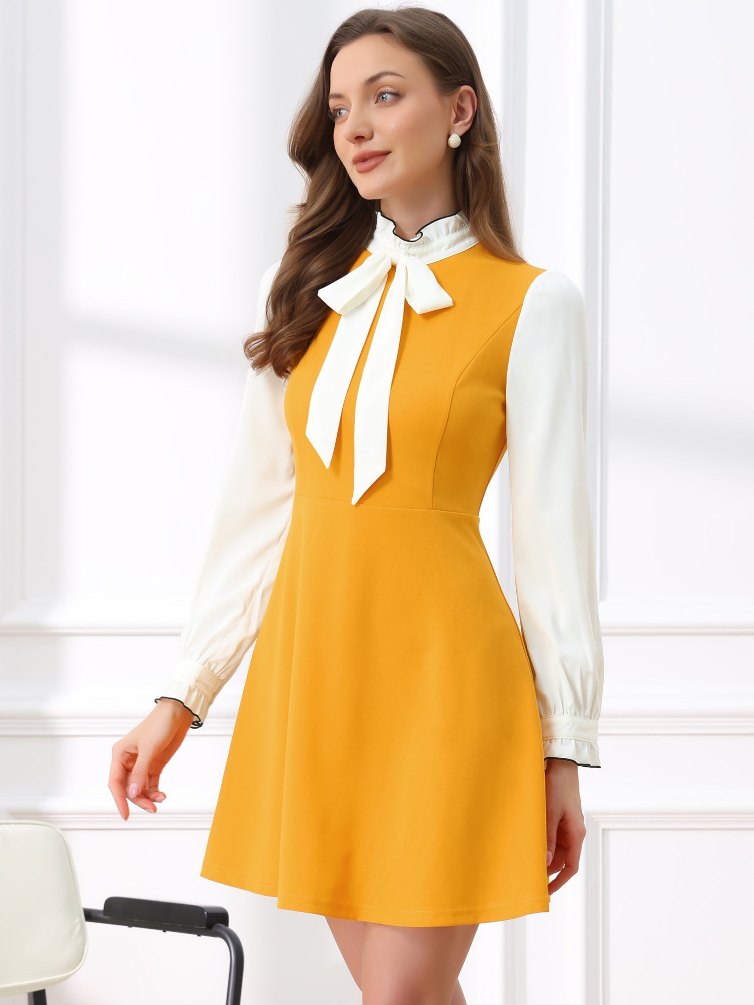 Patchwork Contrast Color Long Sleeve Tie Neck Mini Dress