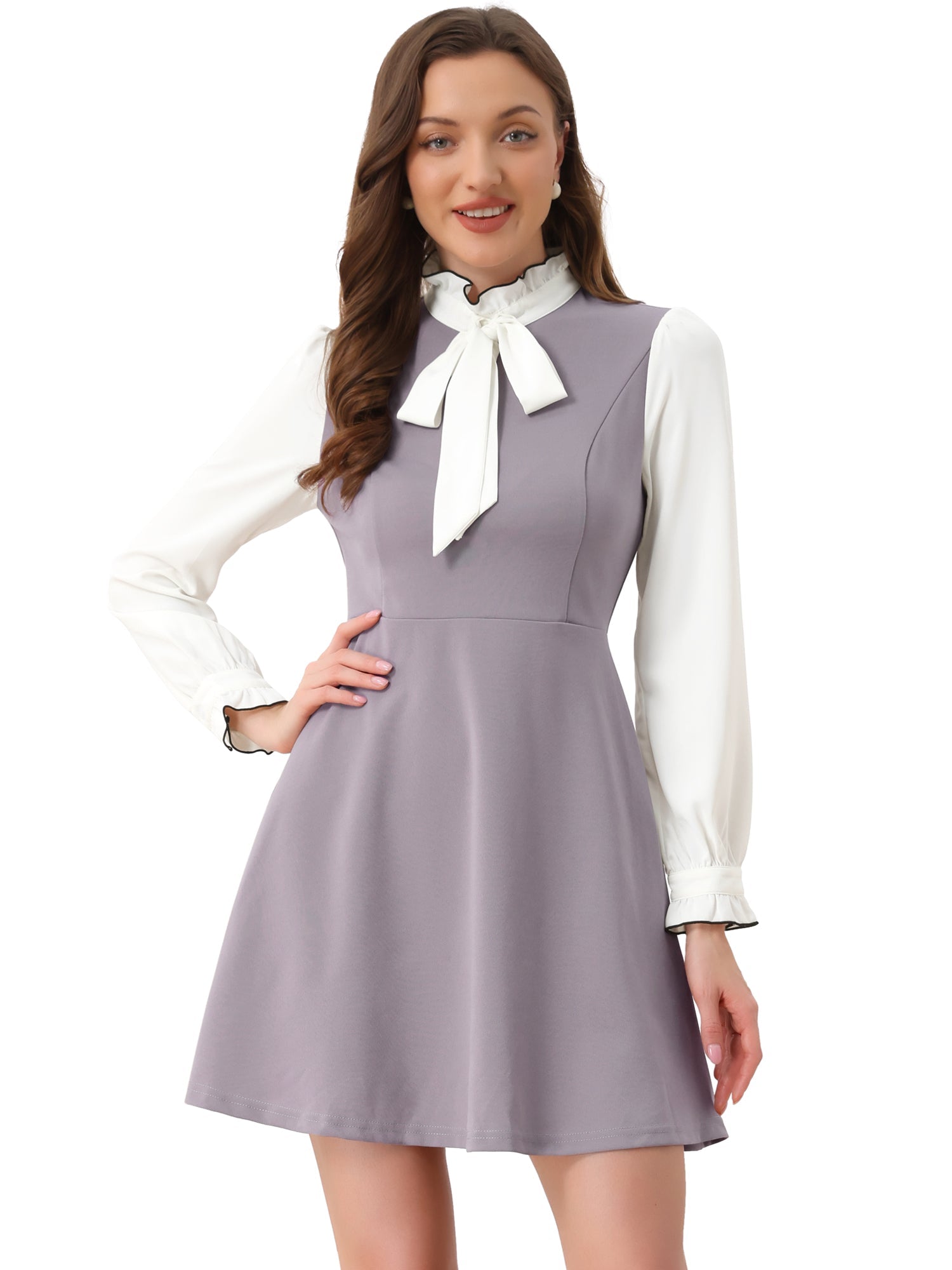 Patchwork Contrast Color Long Sleeve Tie Neck Mini Dress
