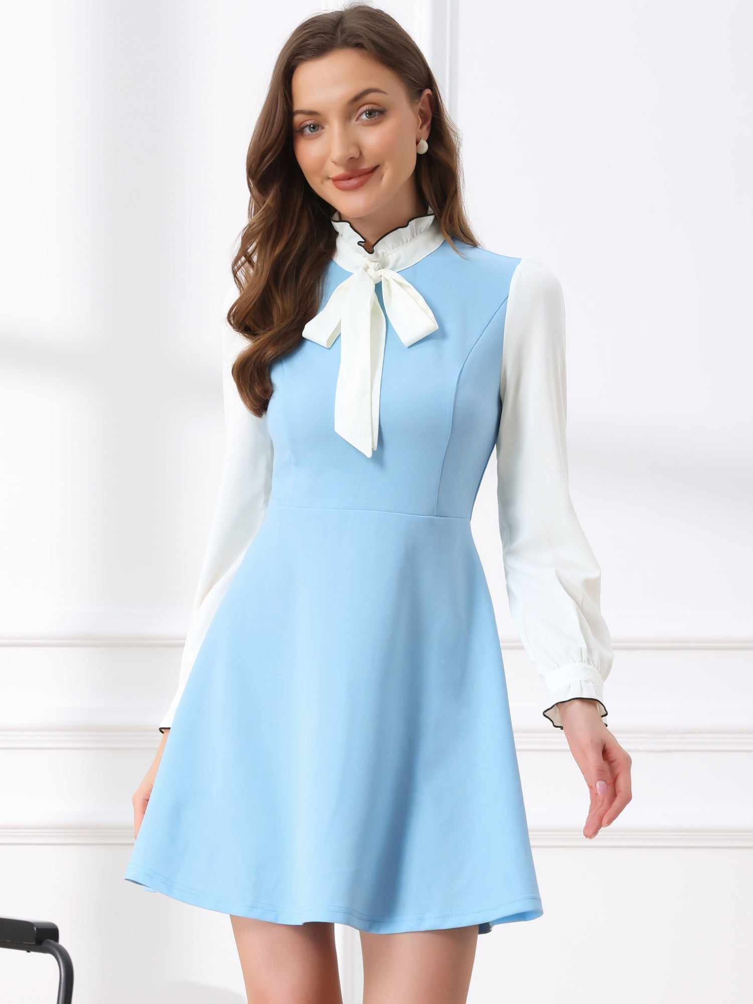 Patchwork Contrast Color Long Sleeve Tie Neck Mini Dress