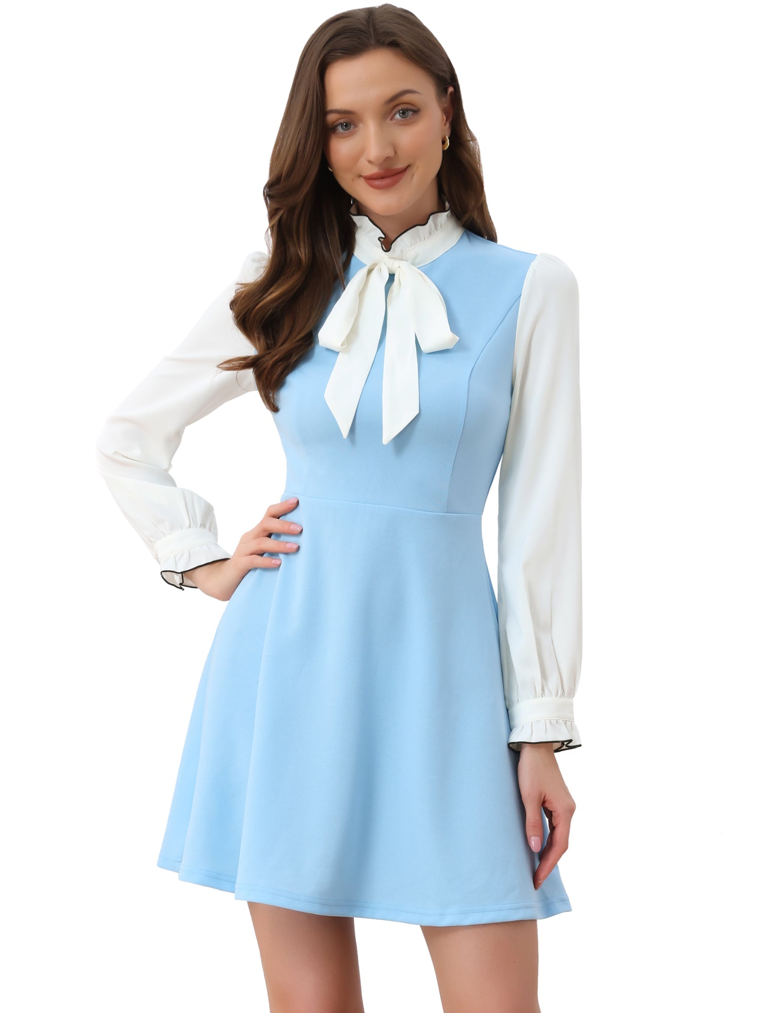 Patchwork Contrast Color Long Sleeve Tie Neck Mini Dress
