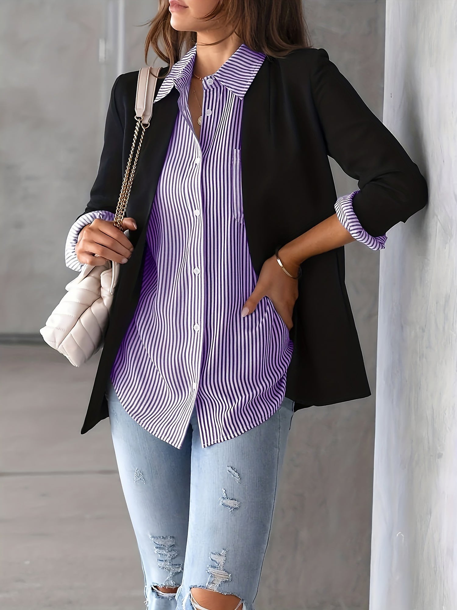 Classic Vertical Stripes Long Sleeves Buttoned Down Office Blouse