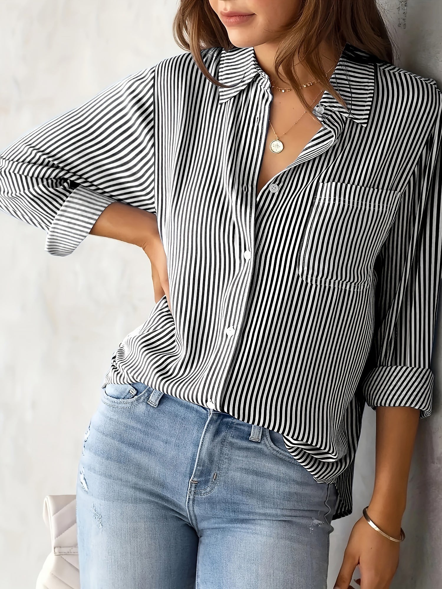 Classic Vertical Stripes Long Sleeves Buttoned Down Office Blouse