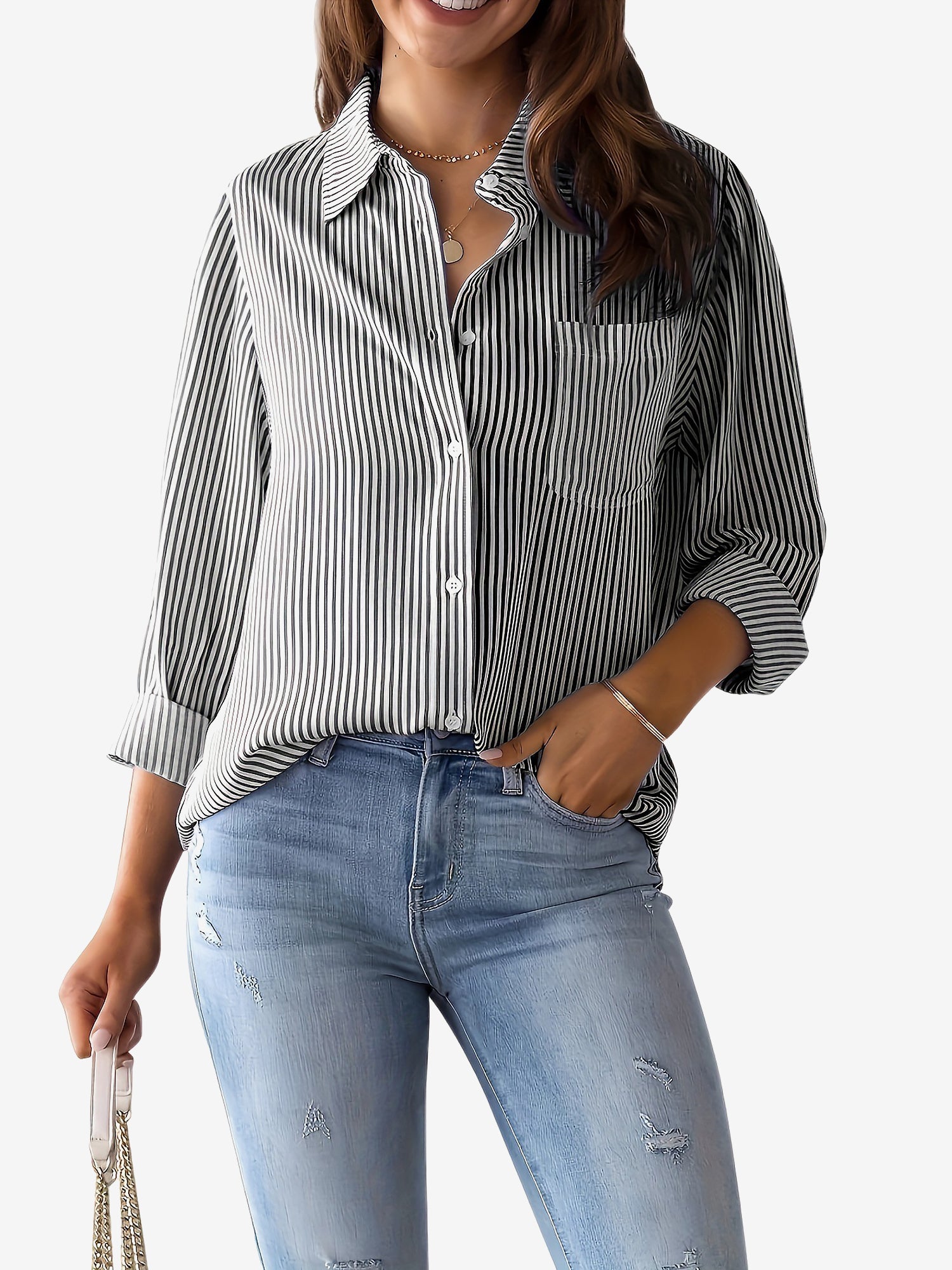 Classic Vertical Stripes Long Sleeves Buttoned Down Office Blouse
