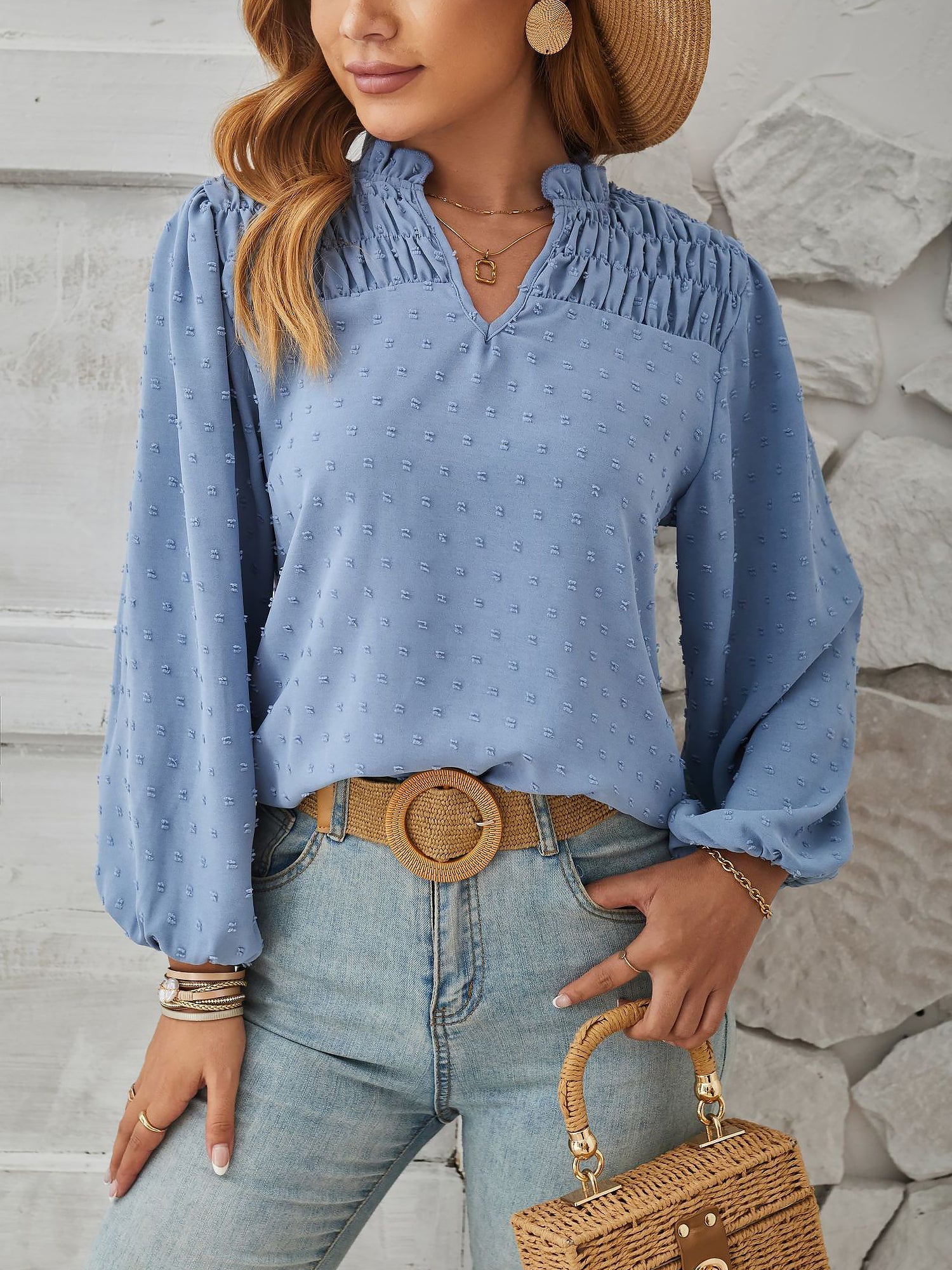 Vintage-Chic Swiss Dots Smocked Puff Long Sleeves Office Blouse