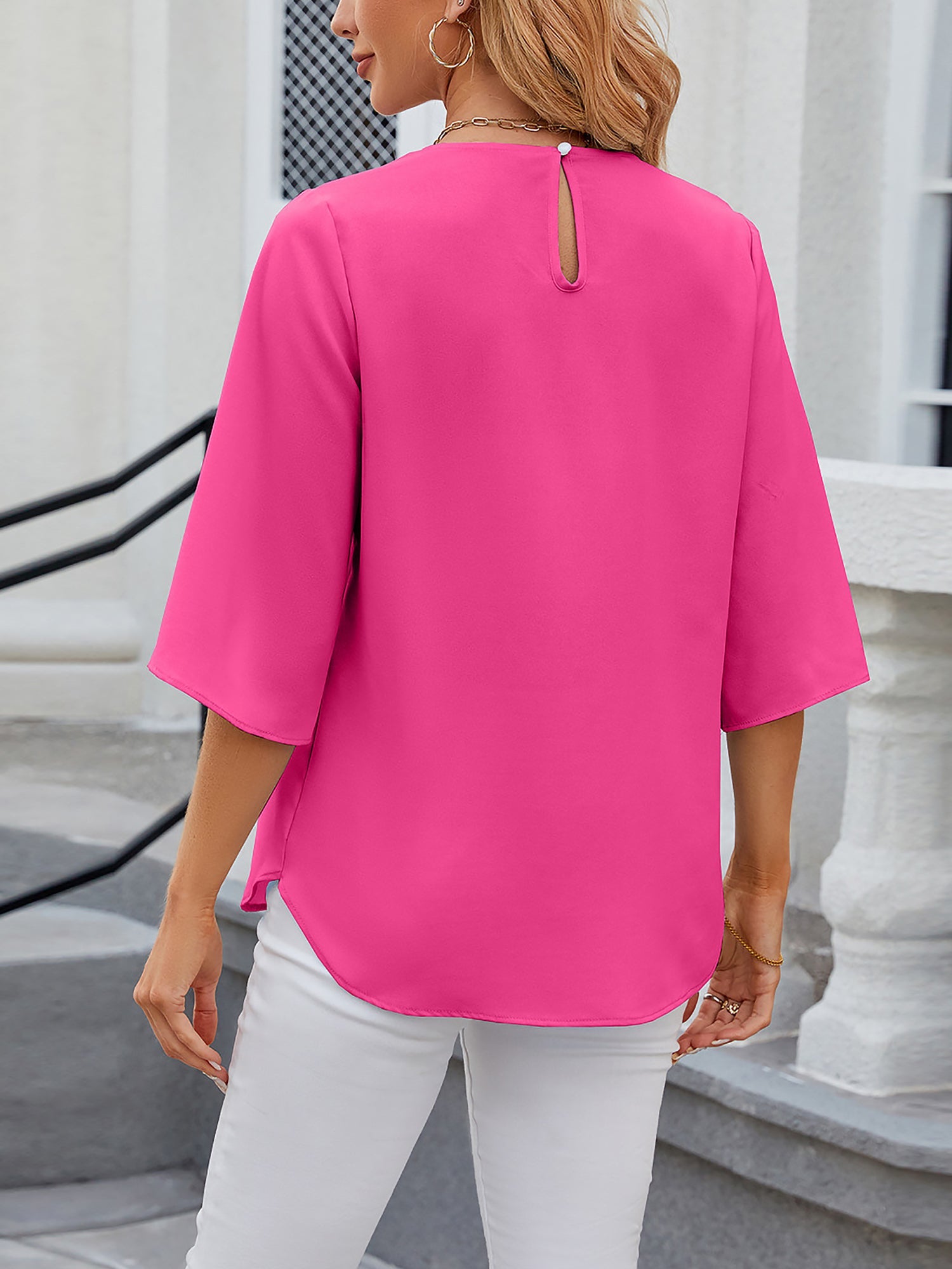Lightweight Flowy Solid Color Round Neck 3/4 Sleeve Chiffon Blouse