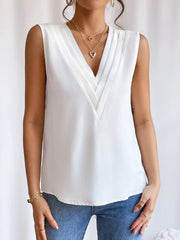 Elegant A-Line Silhouette Pleated V Neck Sleeveless Solid Color Top