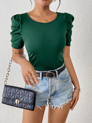 Ruched Puff Short Sleeve Back Bow Colorblock Blouse