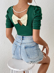 Ruched Puff Short Sleeve Back Bow Colorblock Blouse