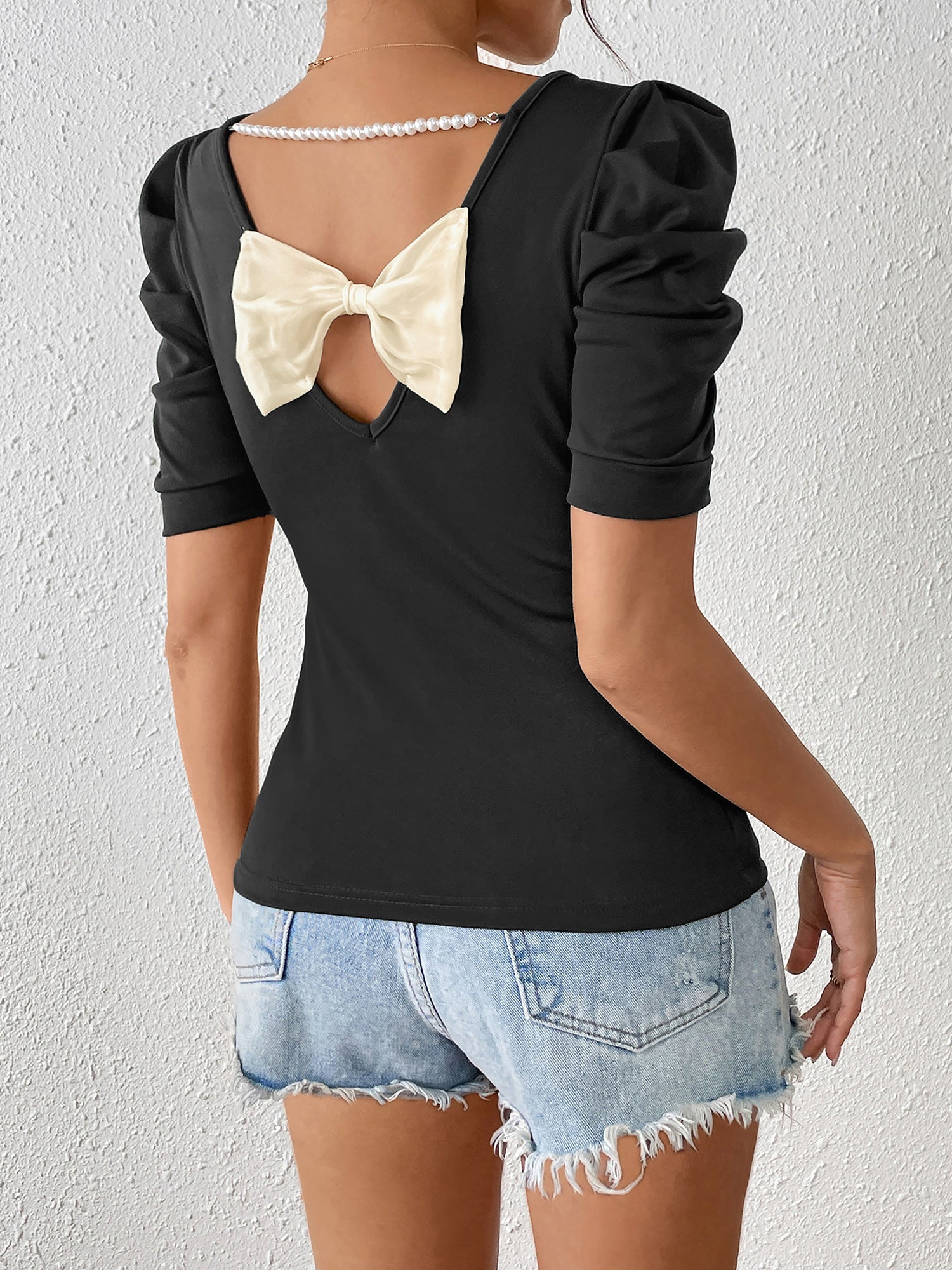Ruched Puff Short Sleeve Back Bow Colorblock Blouse