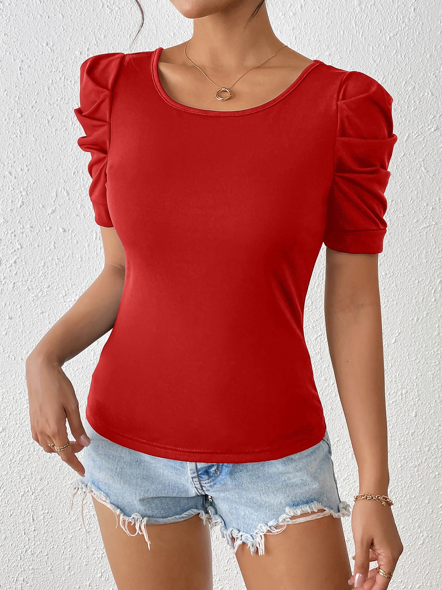 Ruched Puff Short Sleeve Back Bow Colorblock Blouse
