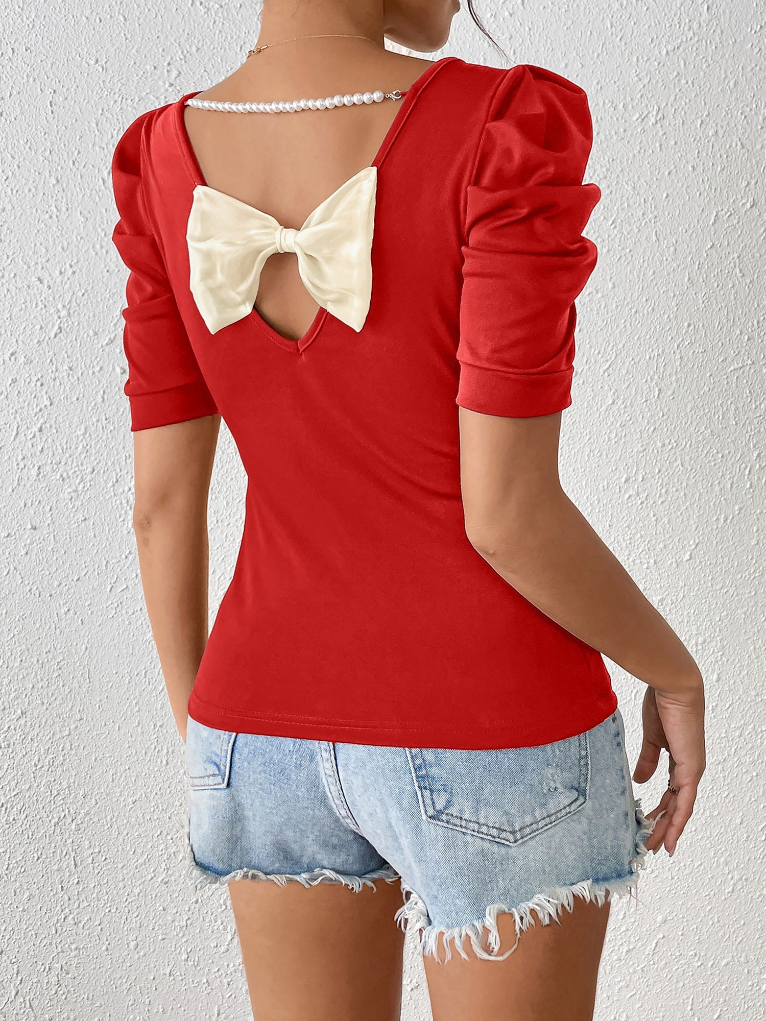 Ruched Puff Short Sleeve Back Bow Colorblock Blouse