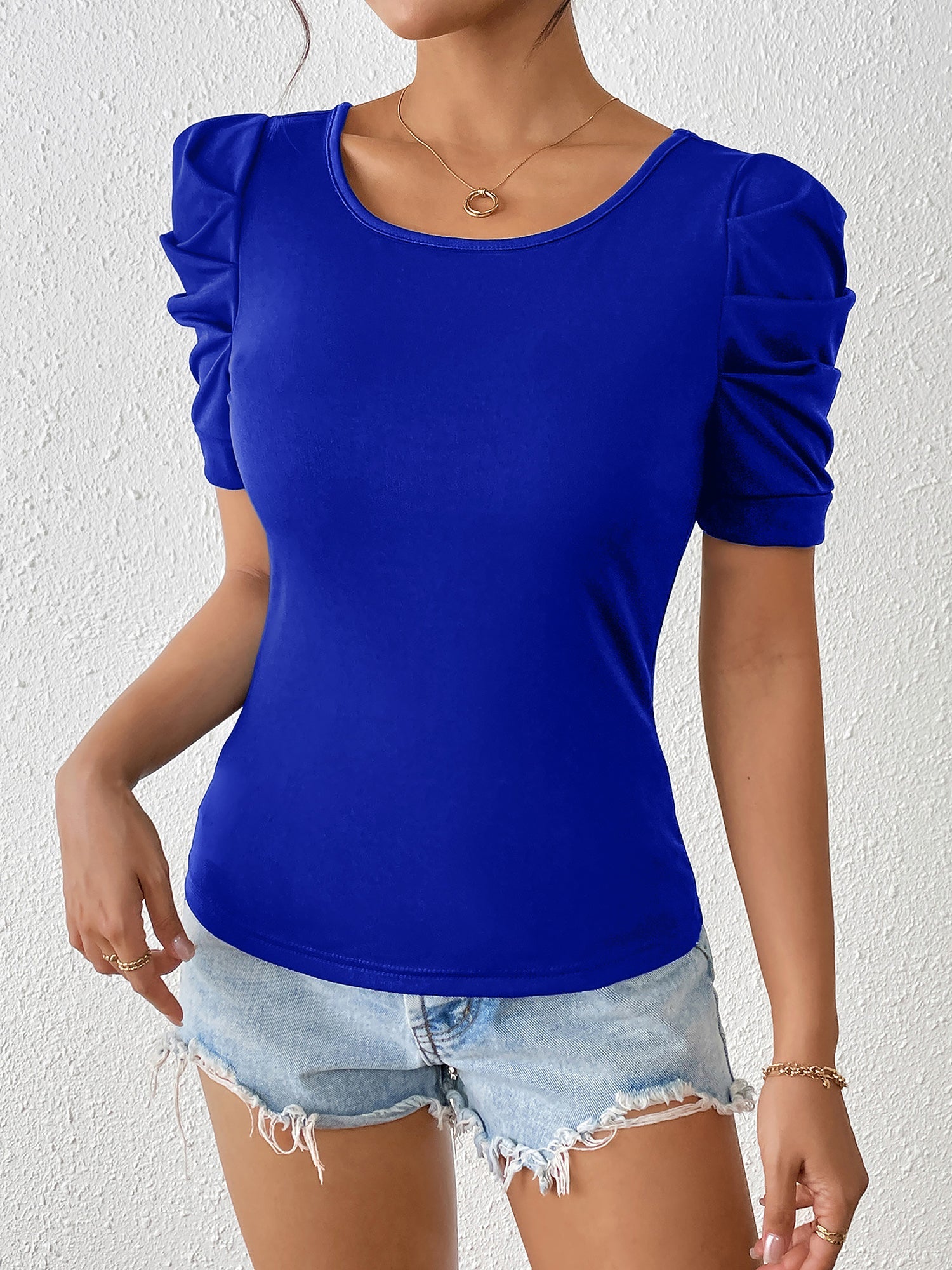 Ruched Puff Short Sleeve Back Bow Colorblock Blouse
