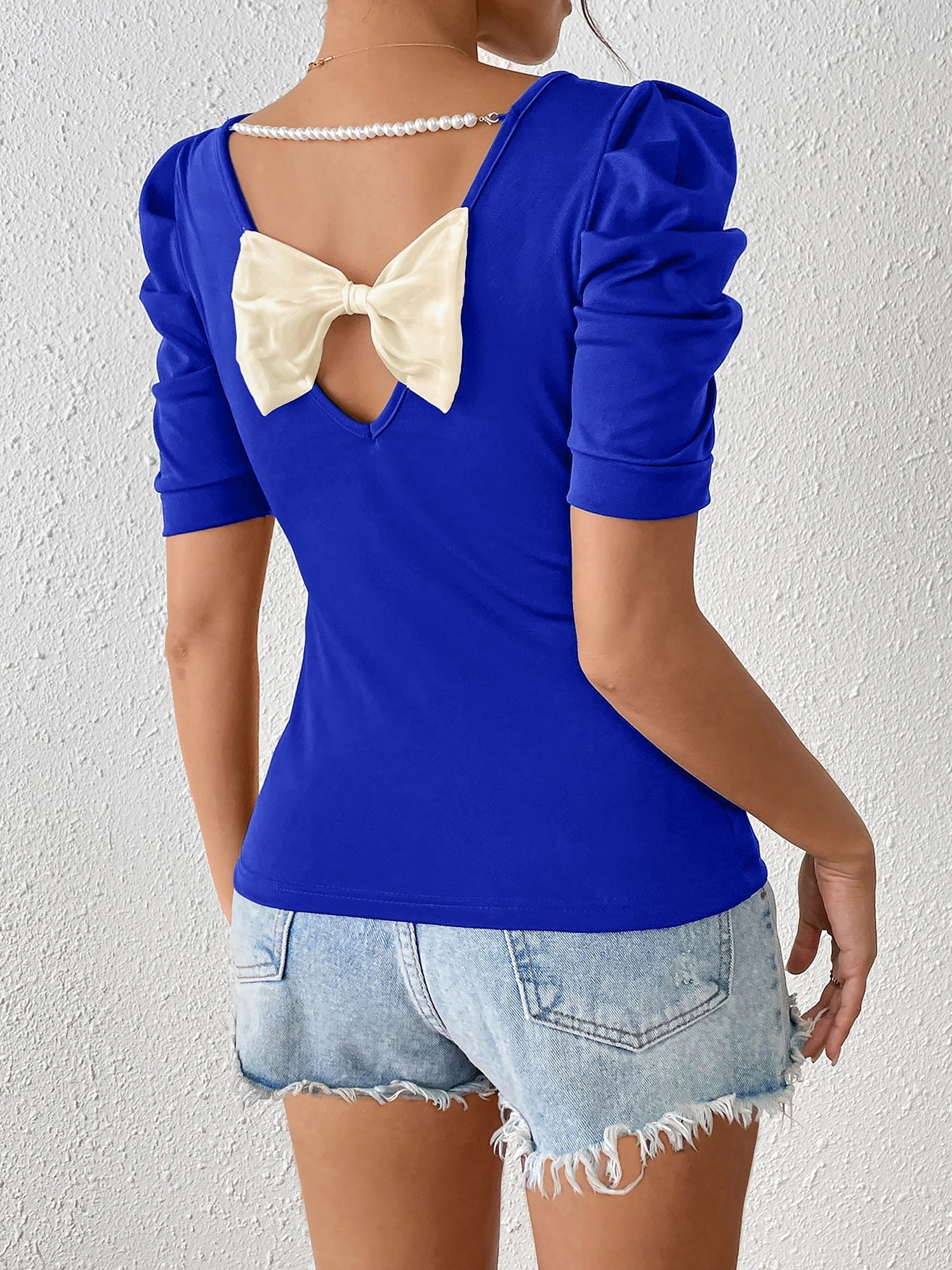 Ruched Puff Short Sleeve Back Bow Colorblock Blouse