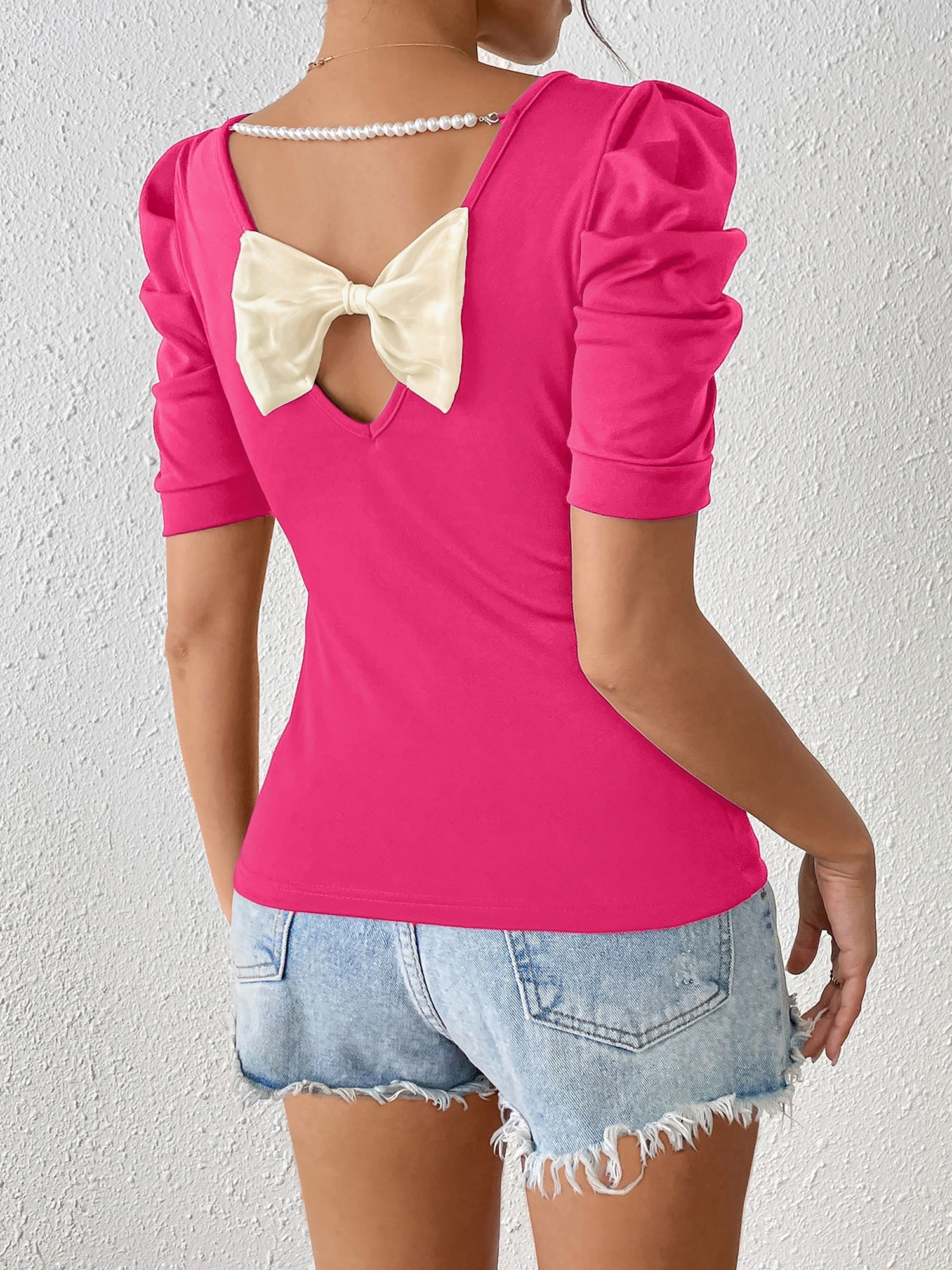 Ruched Puff Short Sleeve Back Bow Colorblock Blouse