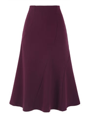 Solid Color Business Casual Midi High Waisted Flared Skirt