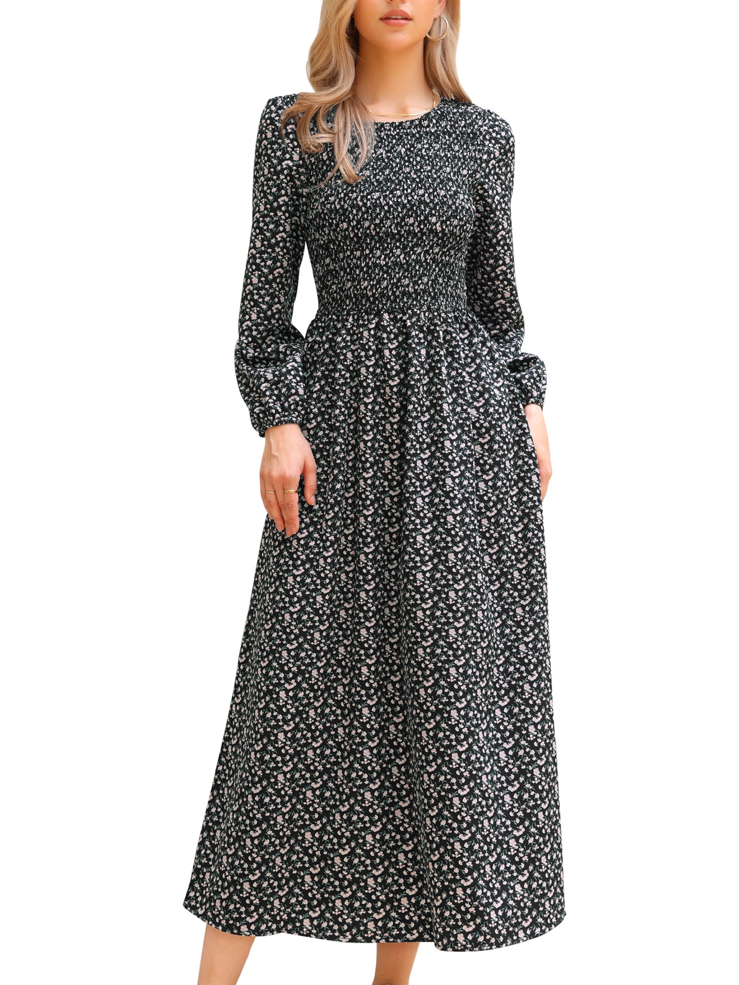 Floral Smocked Long Puff Sleeve A-Line Maxi Dress