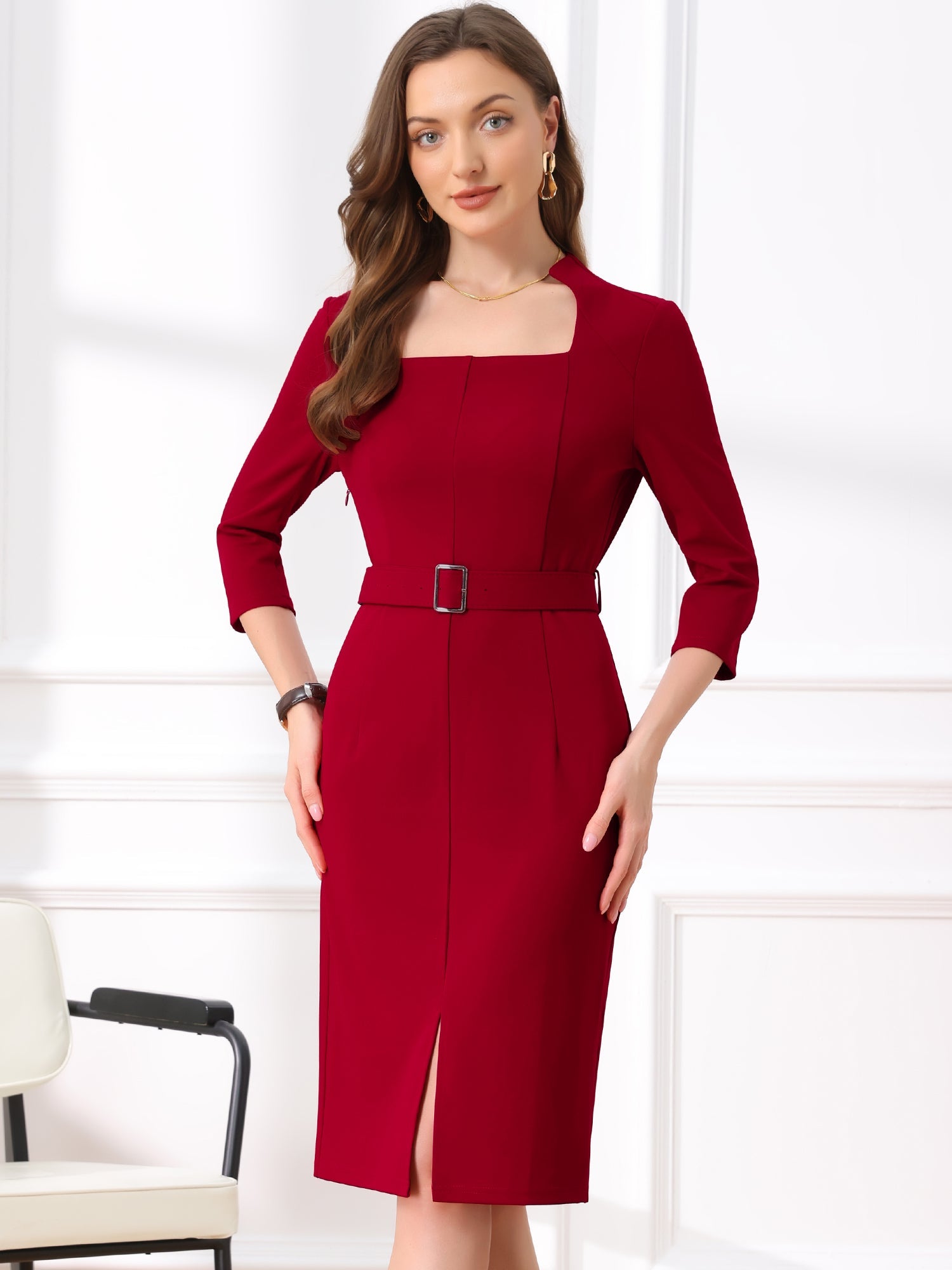 Solid Color 3/4 Sleeve Belted Slit Sheath Midi Dress