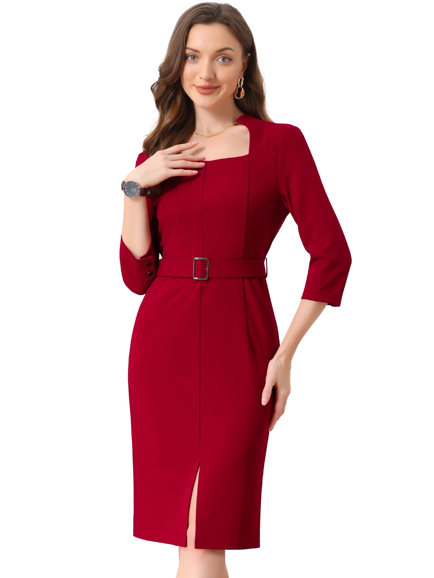 Solid Color 3/4 Sleeve Belted Slit Sheath Midi Dress