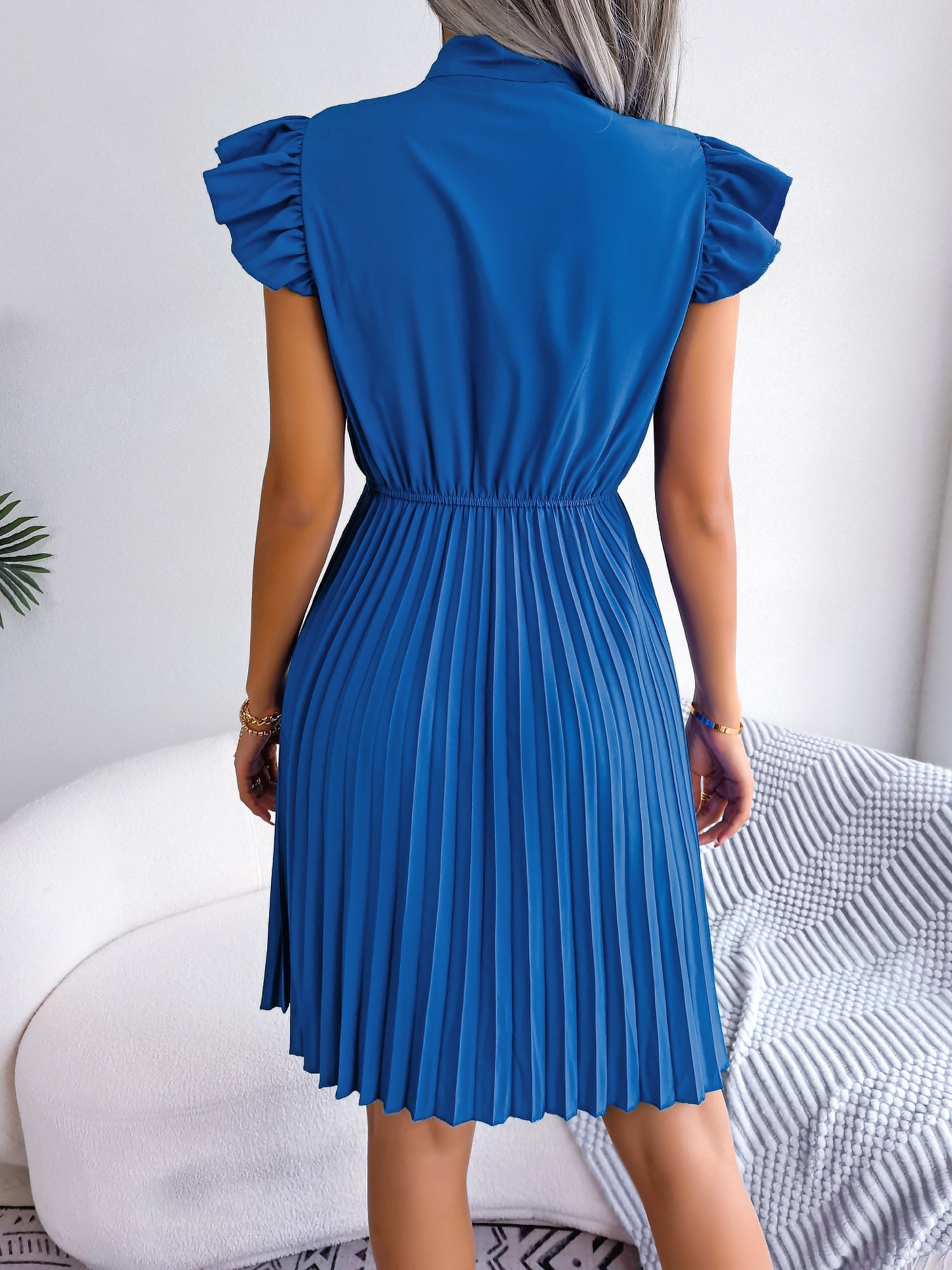 Wrinkle-Resistant Chiffon Bow Tie Neck Ruffled Sleeves Pleated Midi Dress