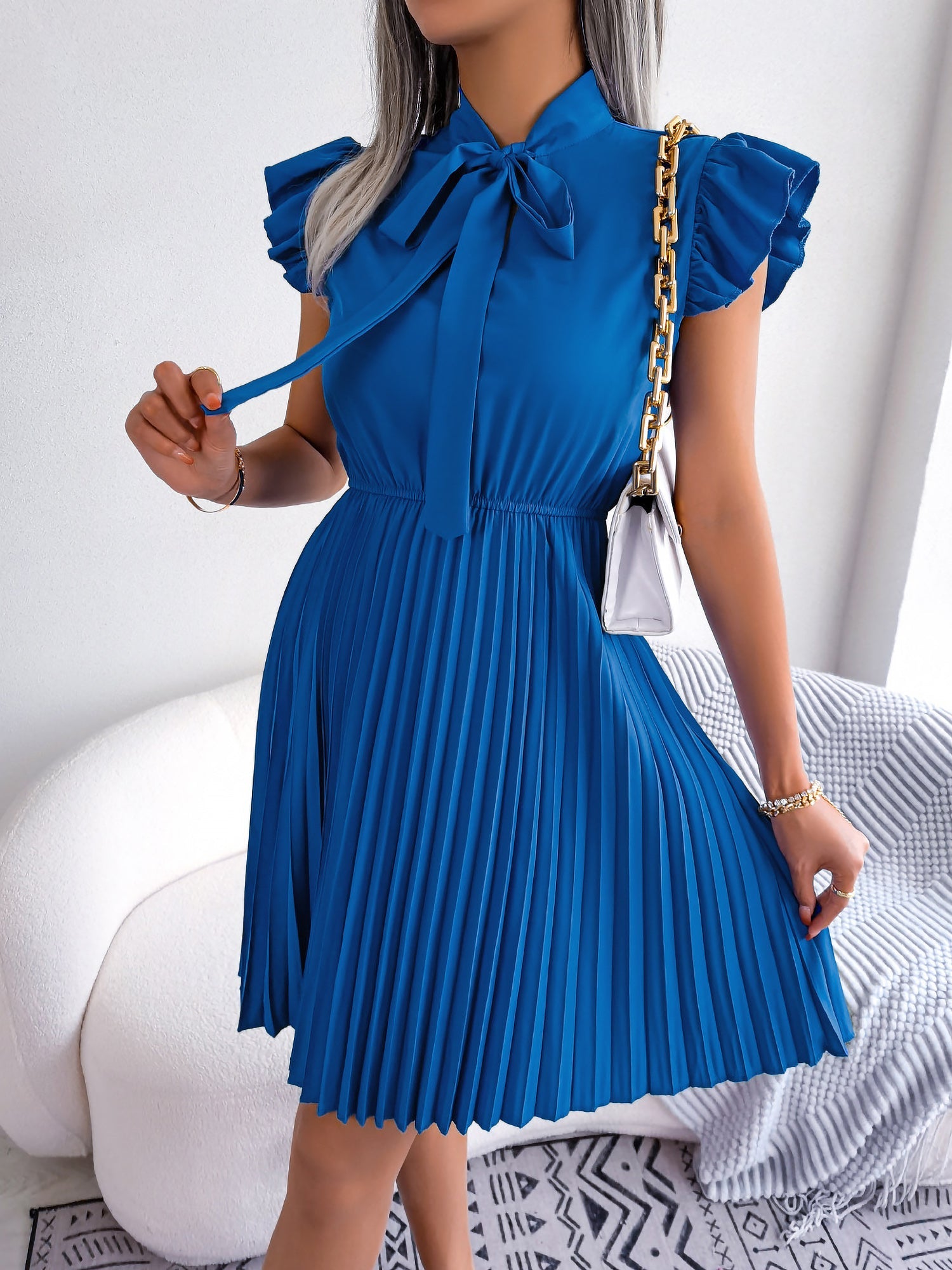 Wrinkle-Resistant Chiffon Bow Tie Neck Ruffled Sleeves Pleated Midi Dress