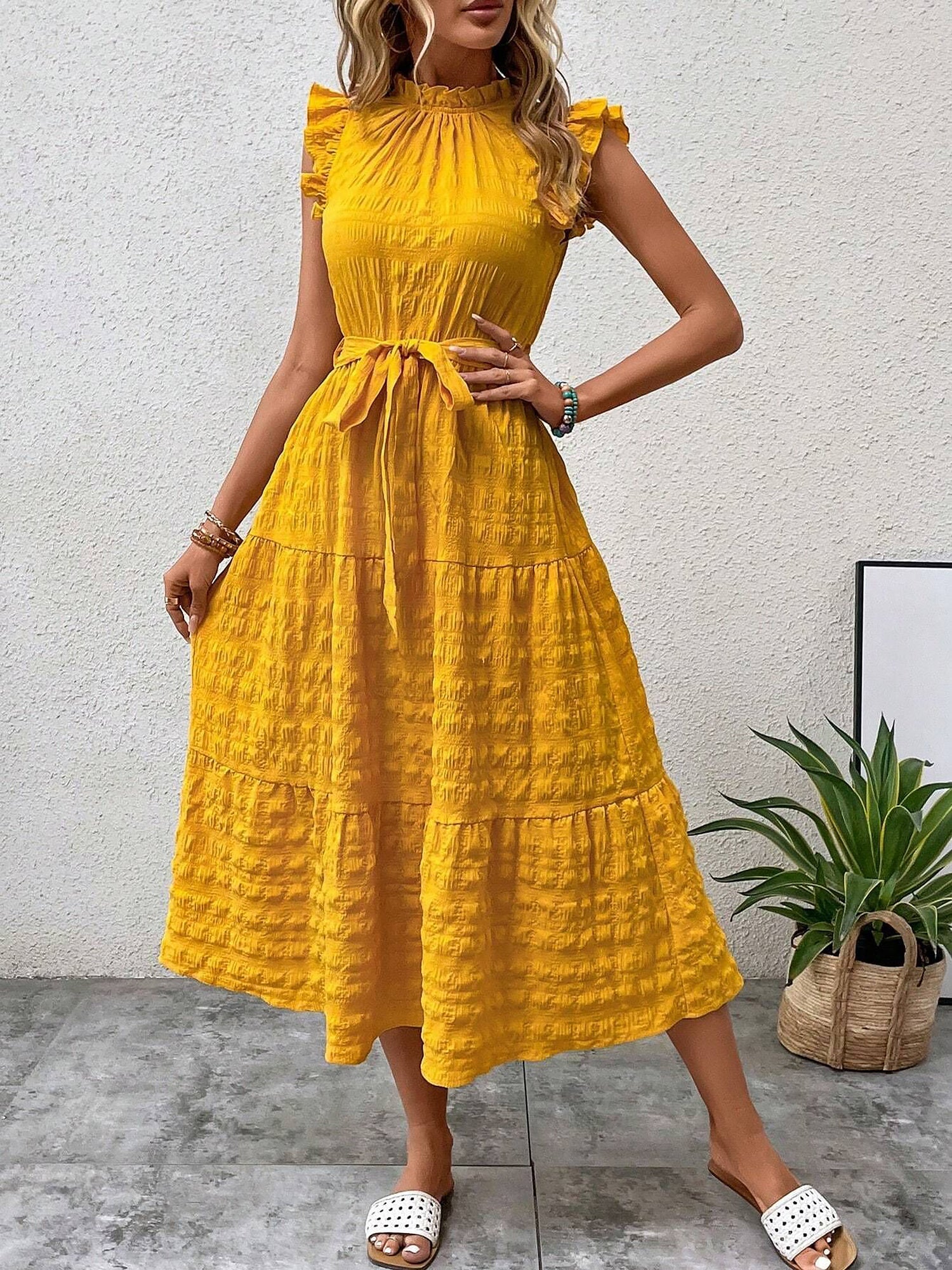 Ruffled Cap Sleeves Lace-Up Textured Tiered Dress