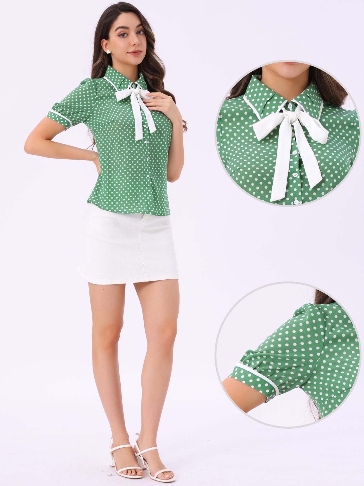 Polka Dot Peter Pan Collar Bow Tie Neck Puff Sleeve Vintage Shirt