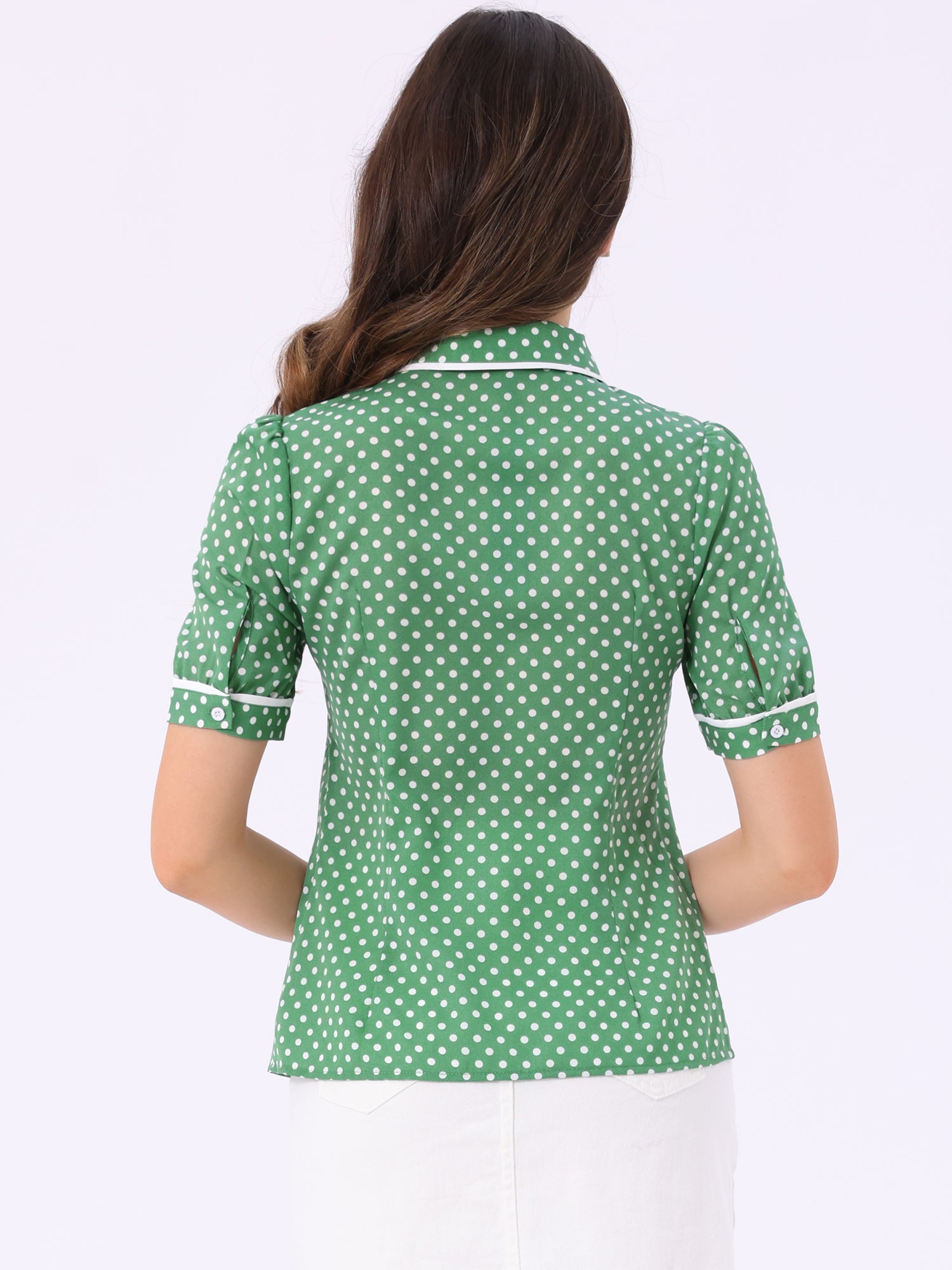 Polka Dot Peter Pan Collar Bow Tie Neck Puff Sleeve Vintage Shirt