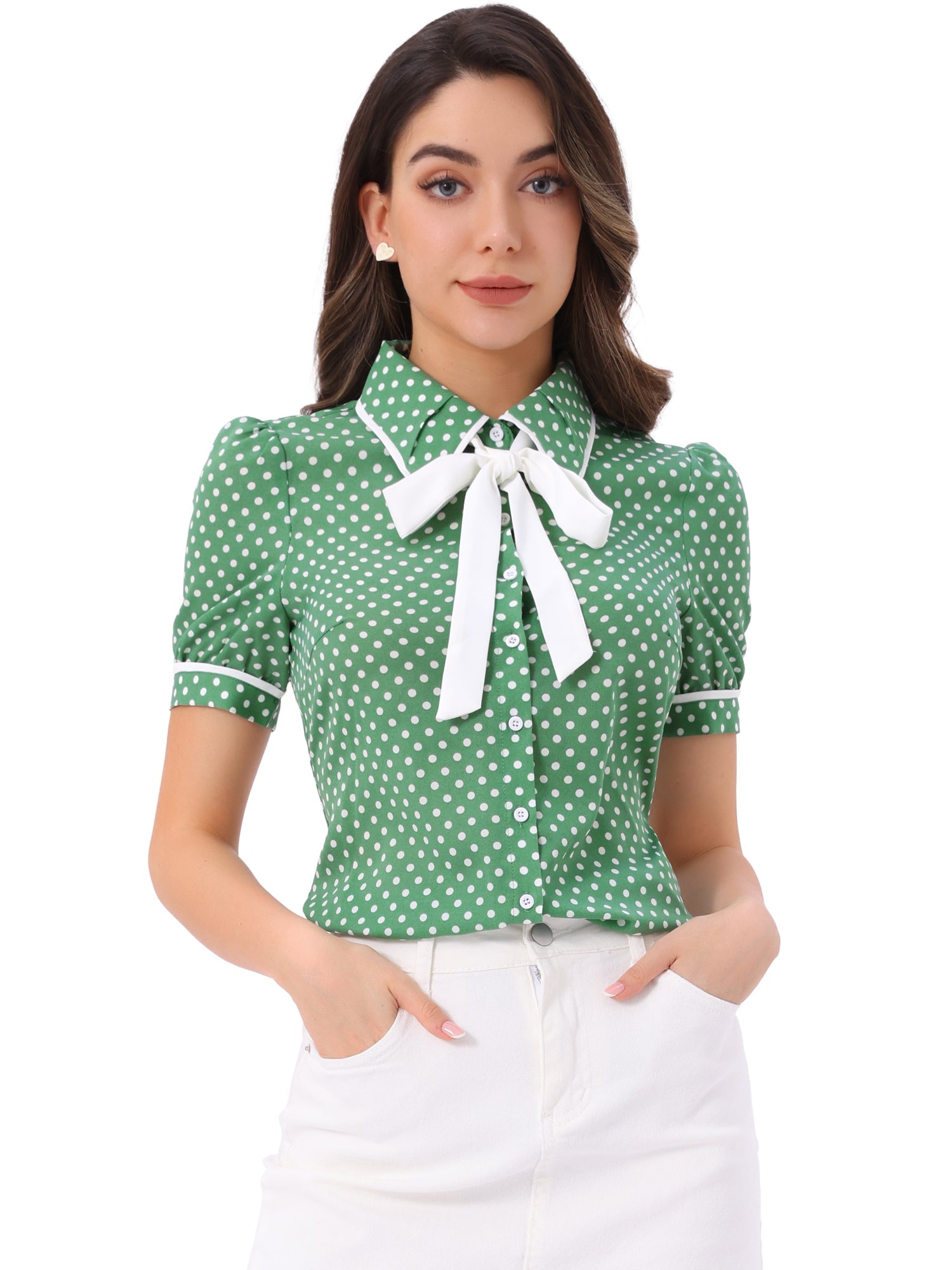 Polka Dot Peter Pan Collar Bow Tie Neck Puff Sleeve Vintage Shirt