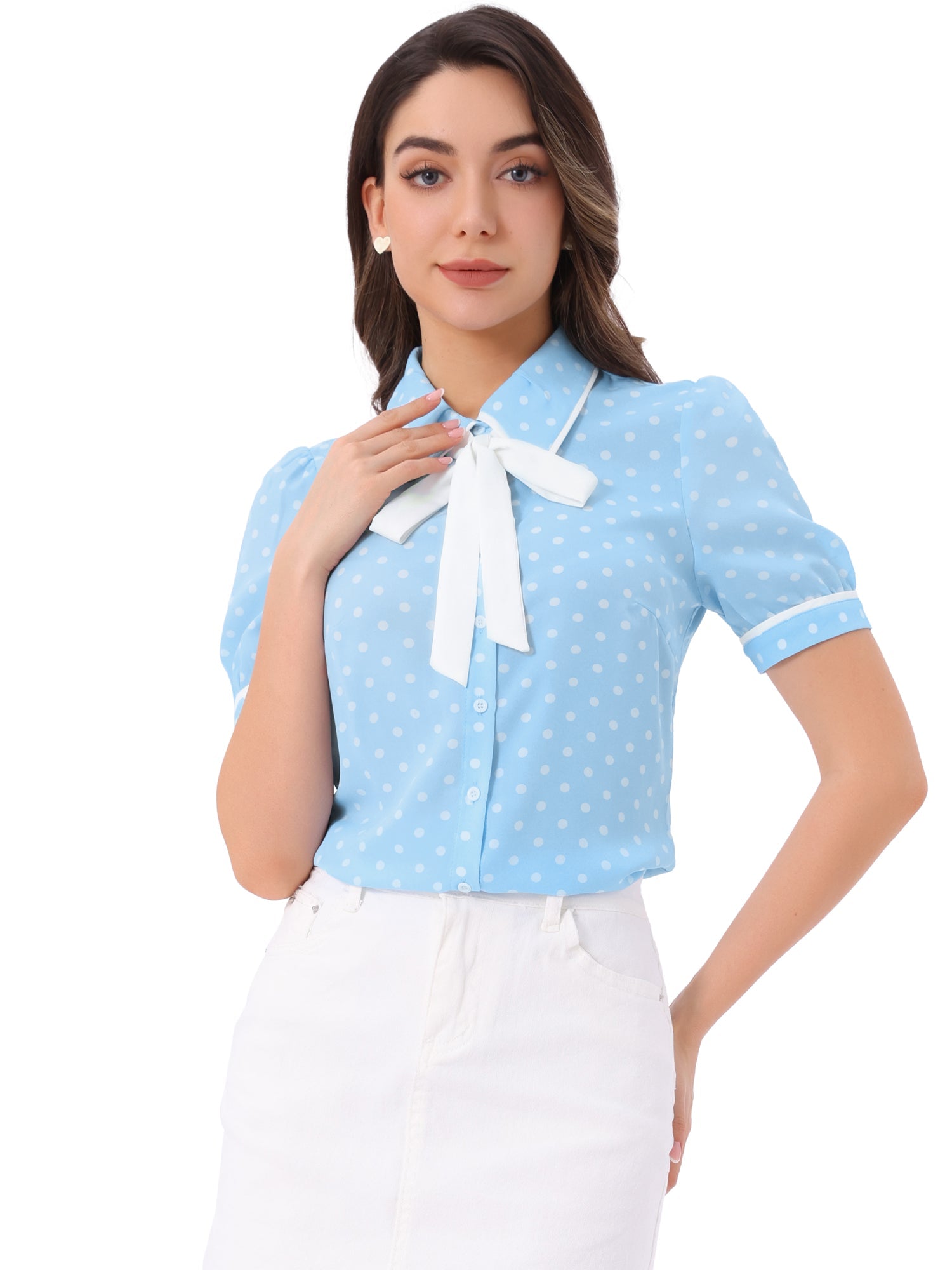 Polka Dot Peter Pan Collar Bow Tie Neck Puff Sleeve Vintage Shirt