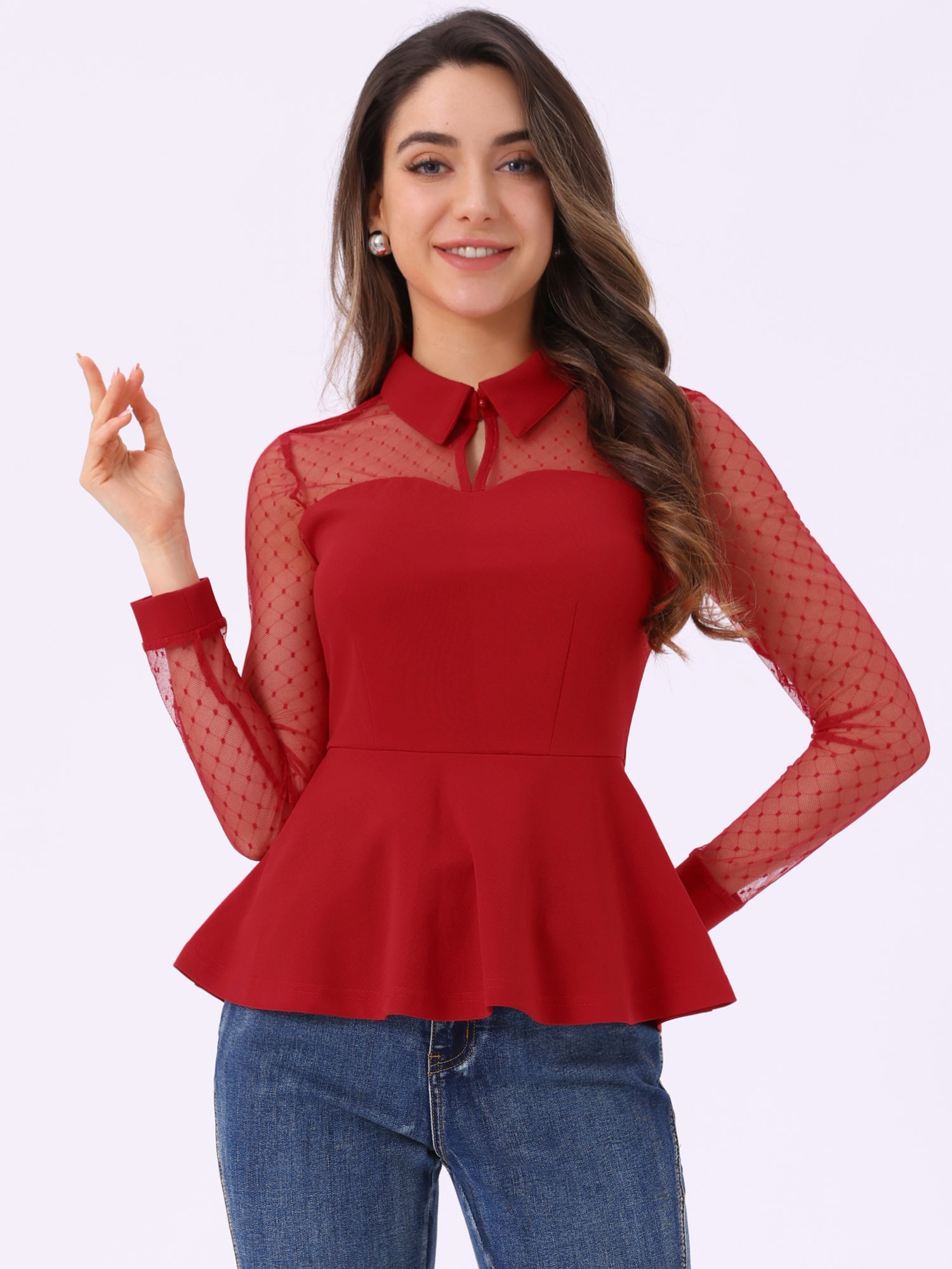 Mesh Sheer Long Sleeve Blouse Turn Down Collar Keyhole Peplum Top