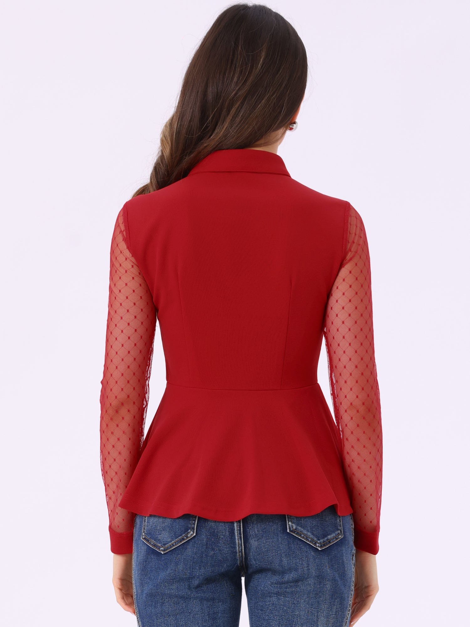 Mesh Sheer Long Sleeve Blouse Turn Down Collar Keyhole Peplum Top