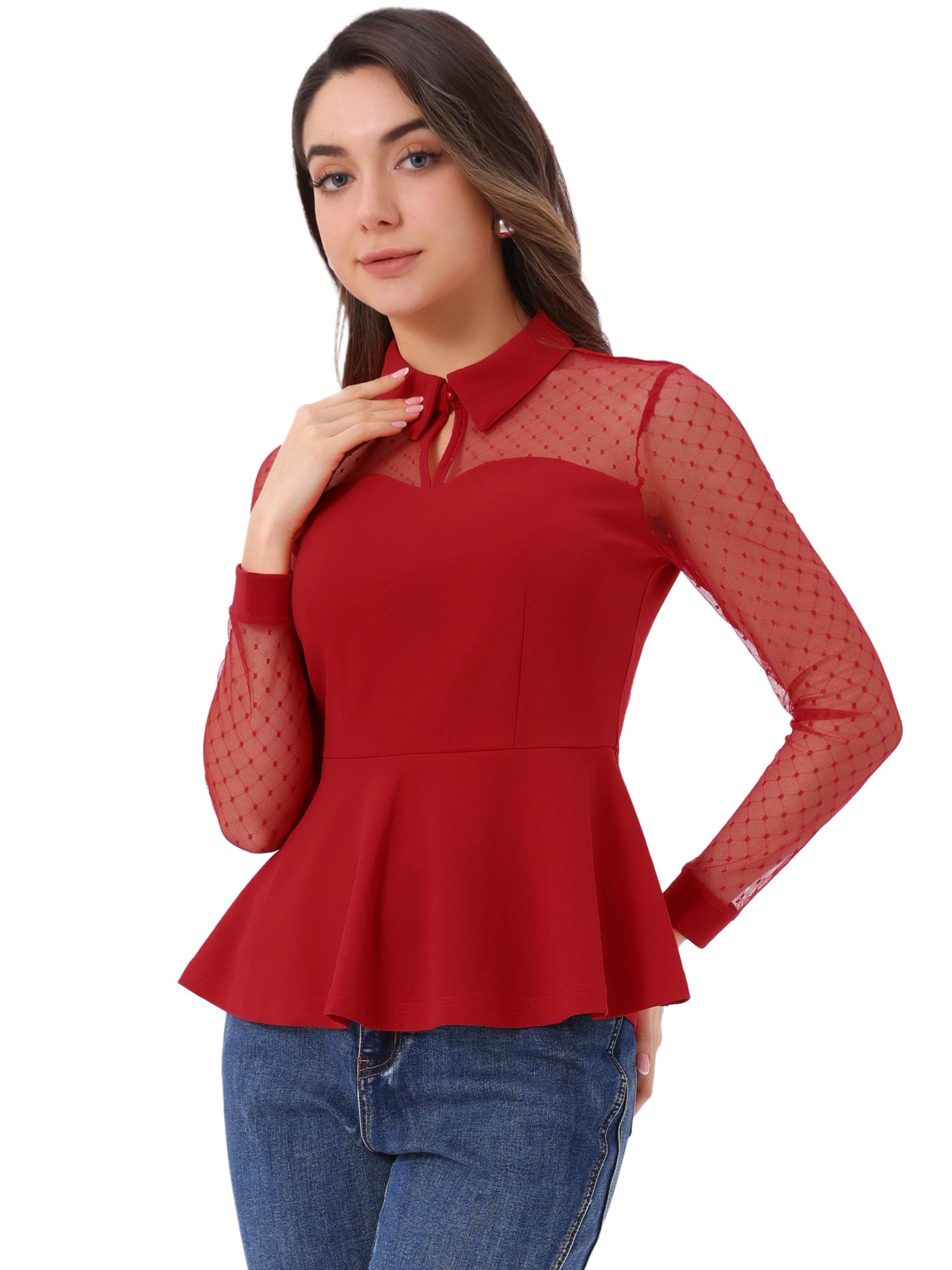 Mesh Sheer Long Sleeve Blouse Turn Down Collar Keyhole Peplum Top